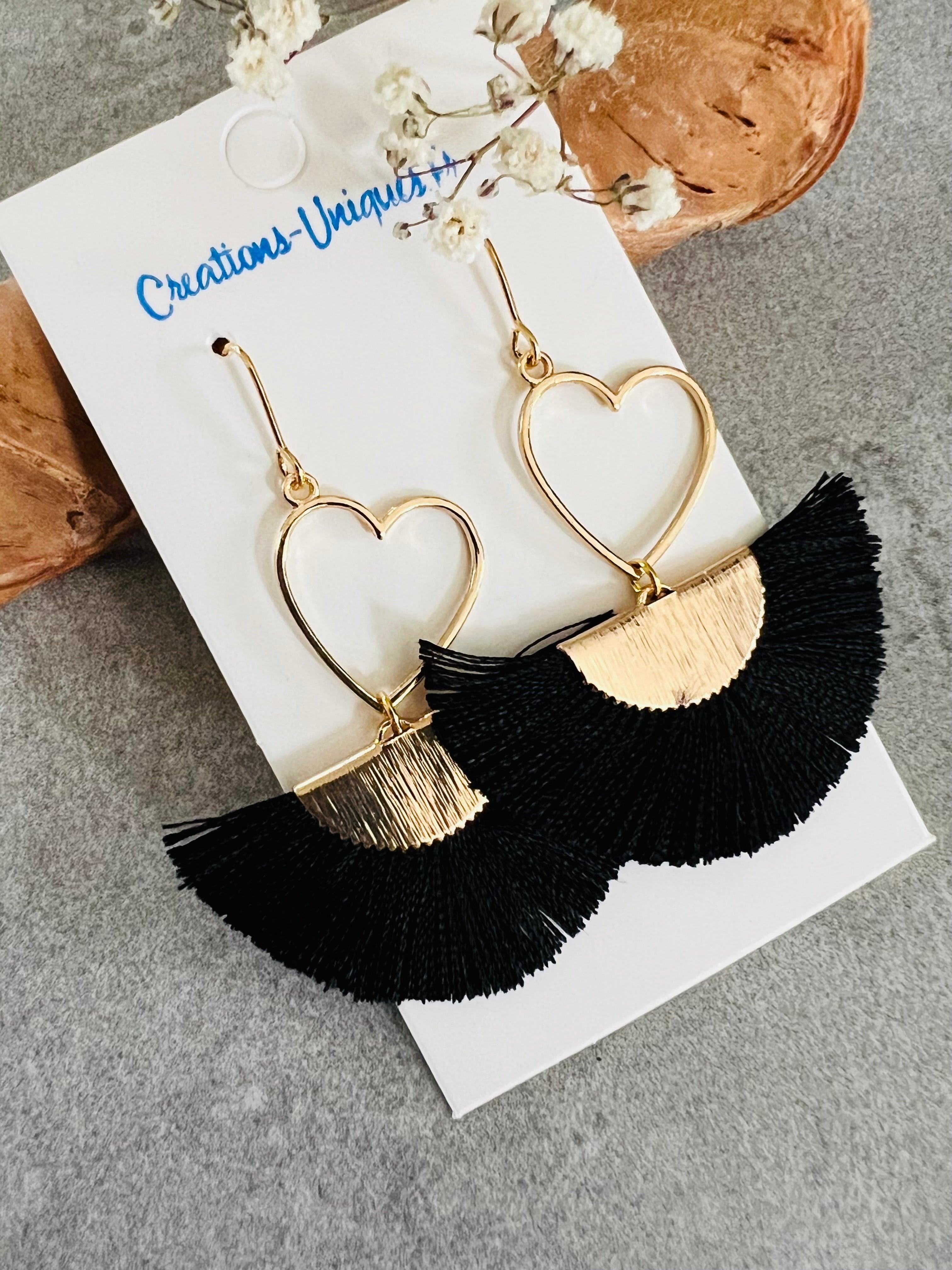 Boucles d’oreilles MARYLAUR cœurs dorés et éventail noir - Créations Uniques - Créations Uniques