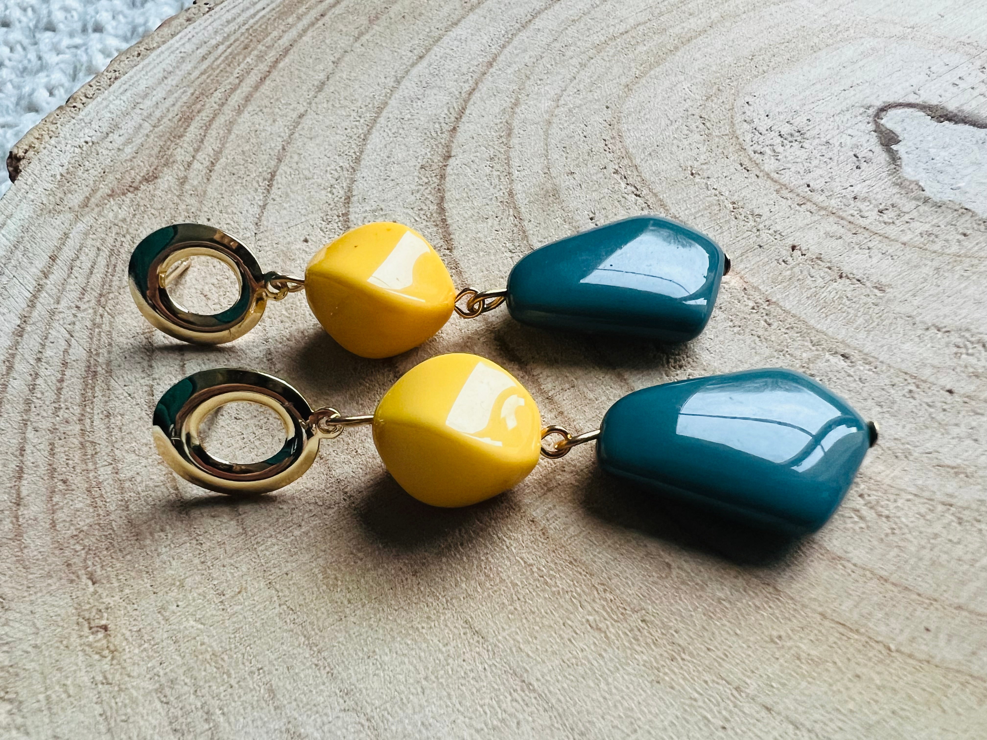 Boucles d’oreilles SOIZIC perles bleues et jaunes - Créations Uniques