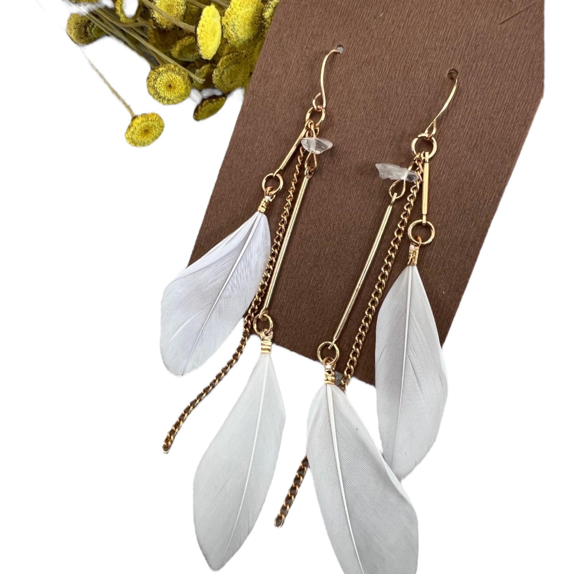 Boucles d’oreilles ANAÏS longues plumes blanches - Créations Uniques - Créations Uniques