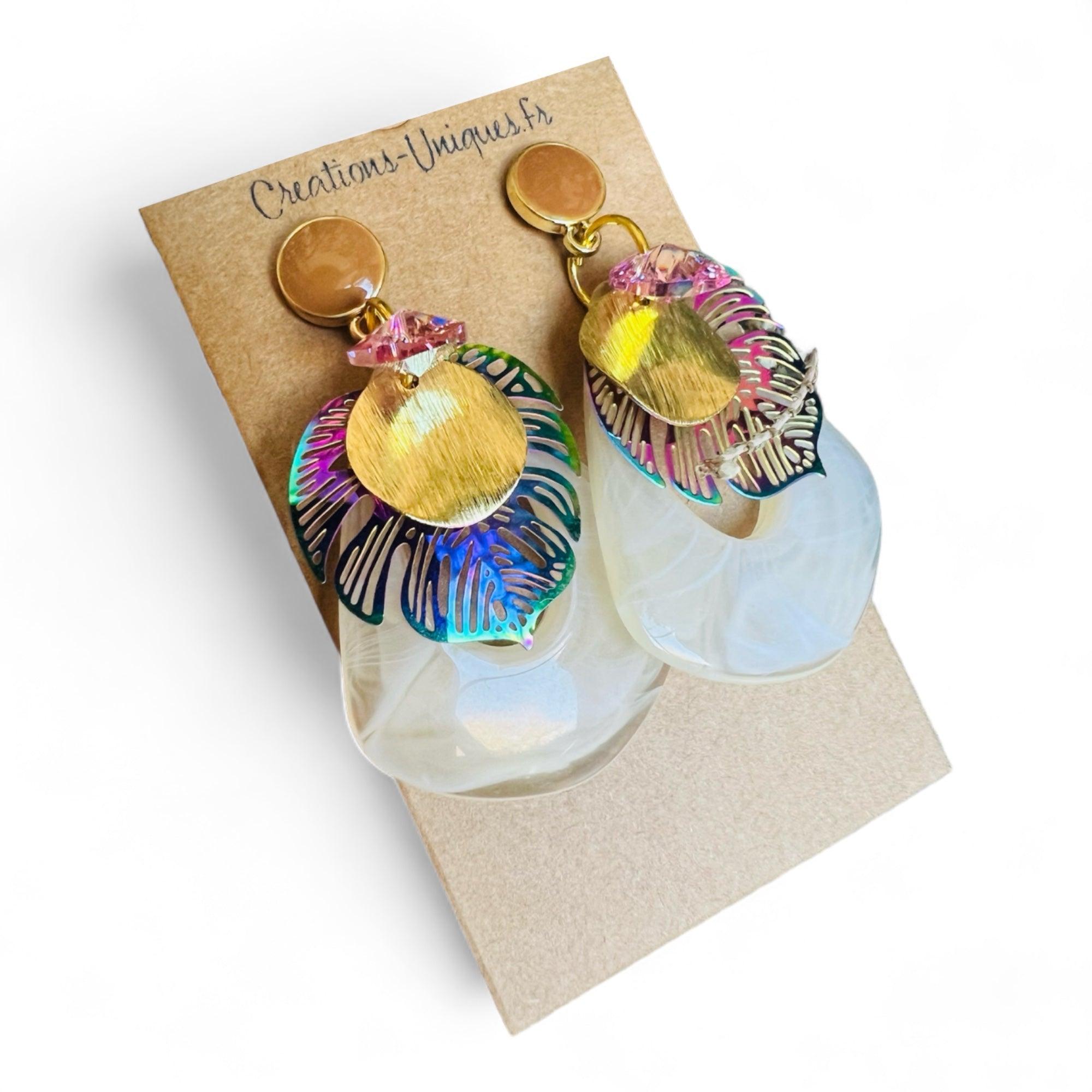 Boucles d’oreilles DELILAH résine beige cœurs cristal rose - Créations Uniques - Créations Uniques