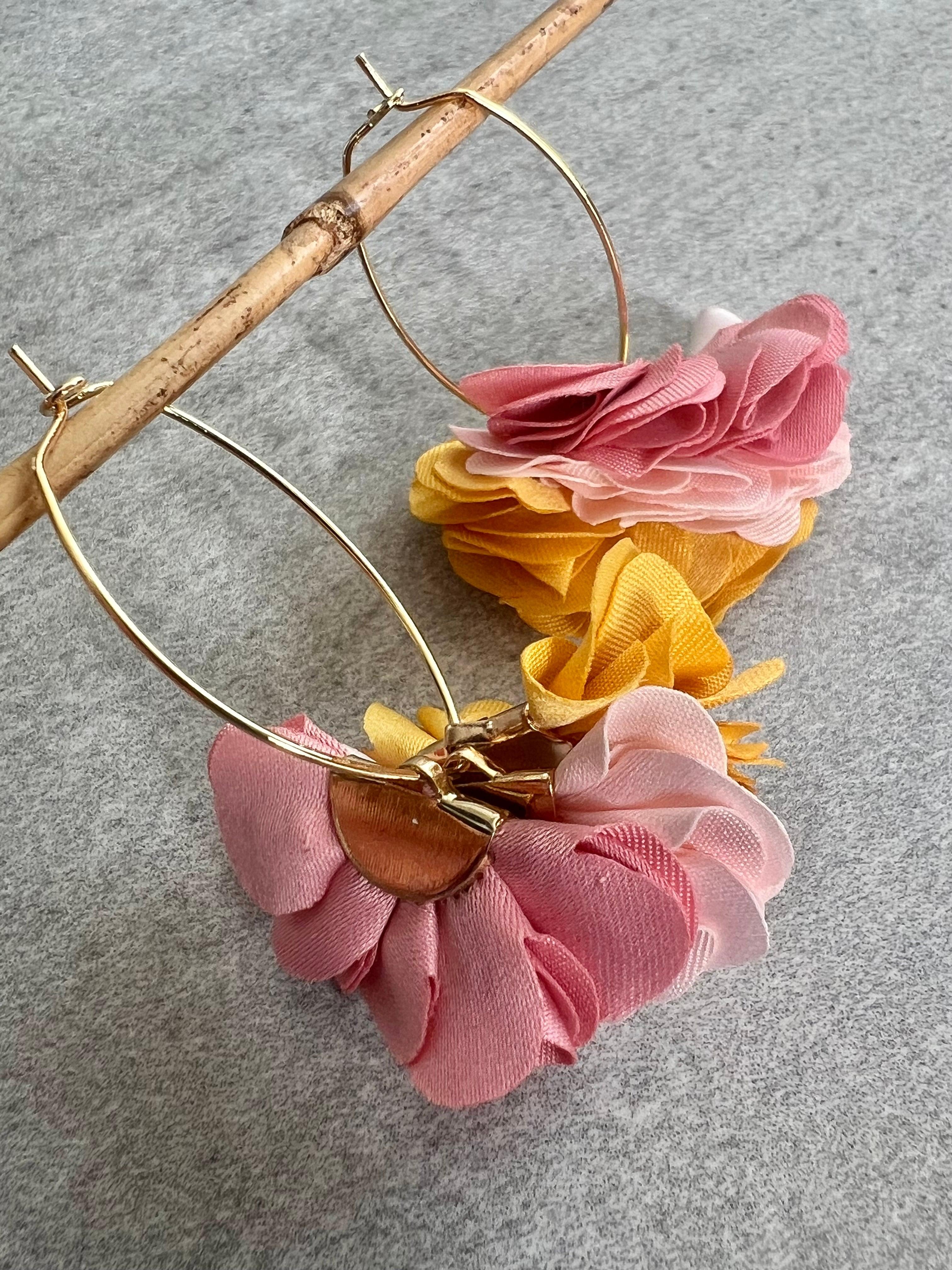 Boucles d’oreilles anneaux ovales BECKY pampilles tissu tricolore - Créations Uniques - Créations Uniques