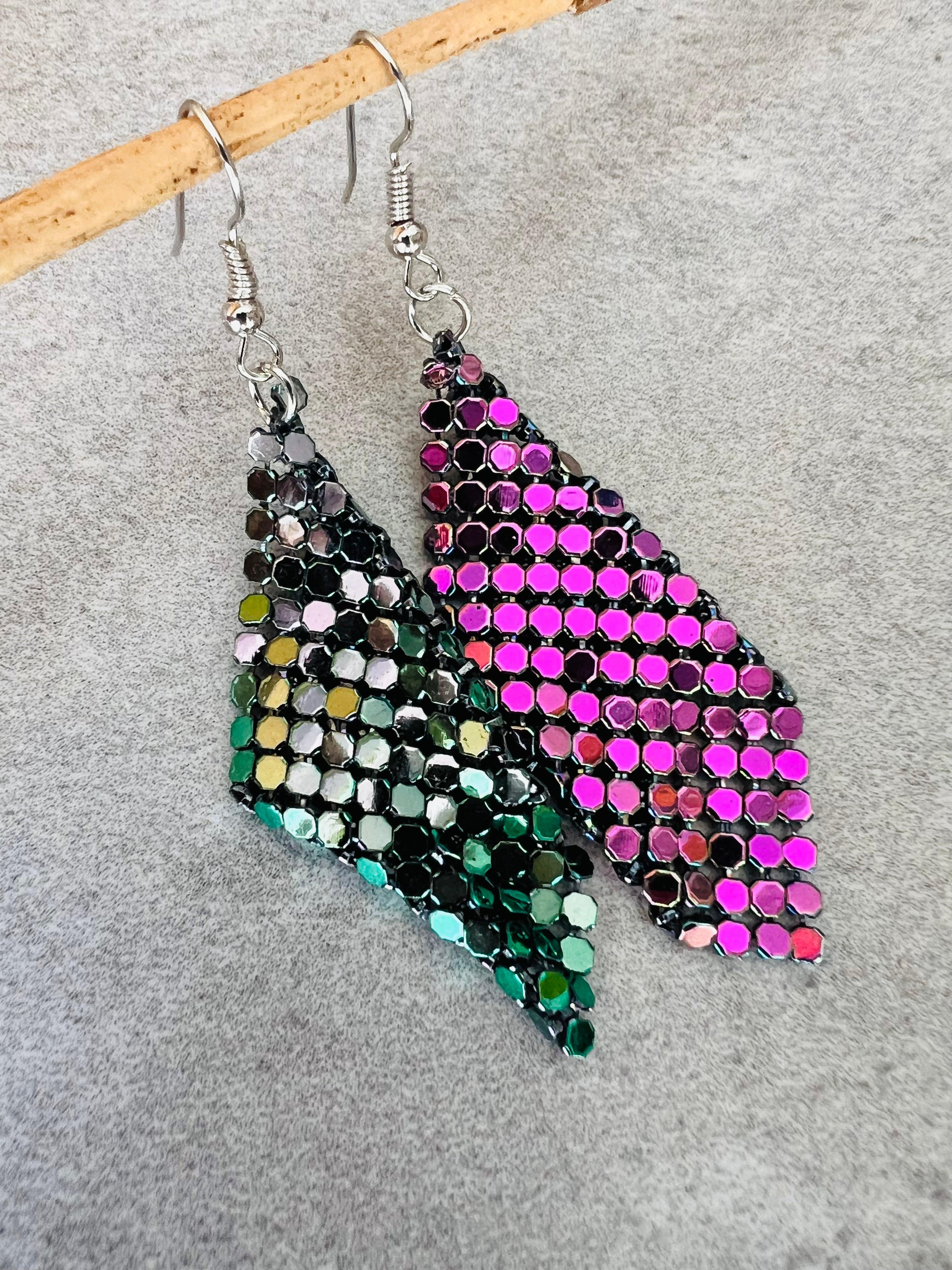 Boucles d’oreilles ALYSSA sequins disco vert et violet - Créations Uniques