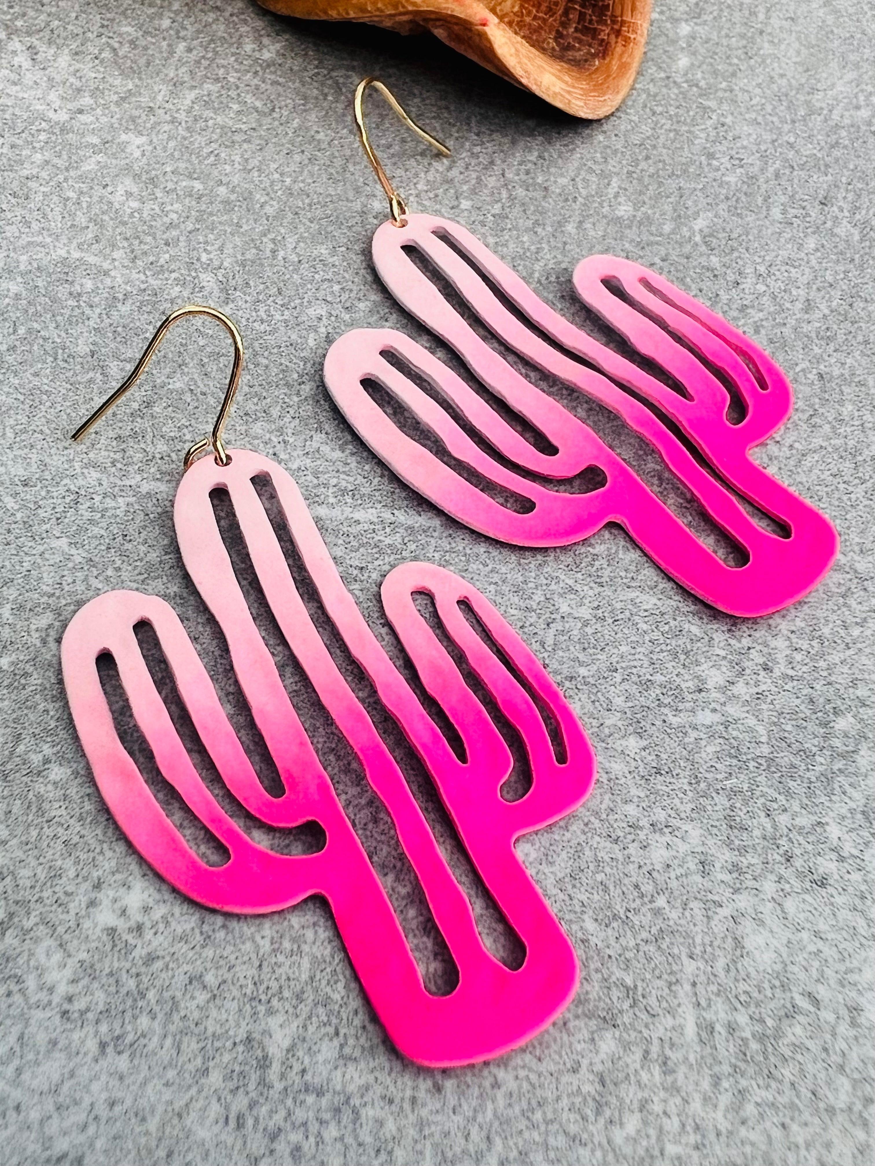 Boucles d’oreilles CAMERON cactus rose fluo - Créations Uniques - Créations Uniques