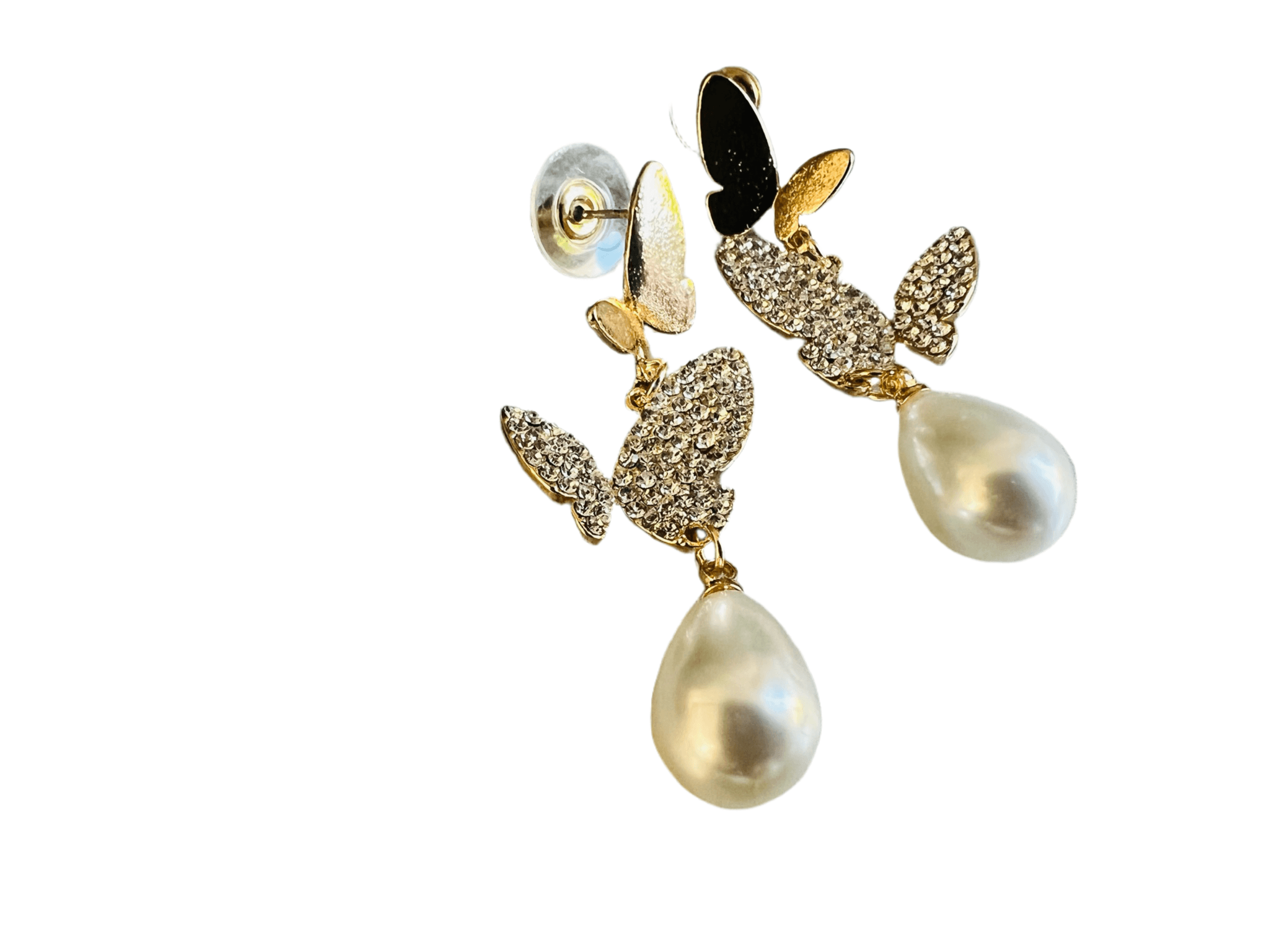 Boucles d’oreilles CATHIA papillons dorés, strass et gouttes perles - Créations Uniques