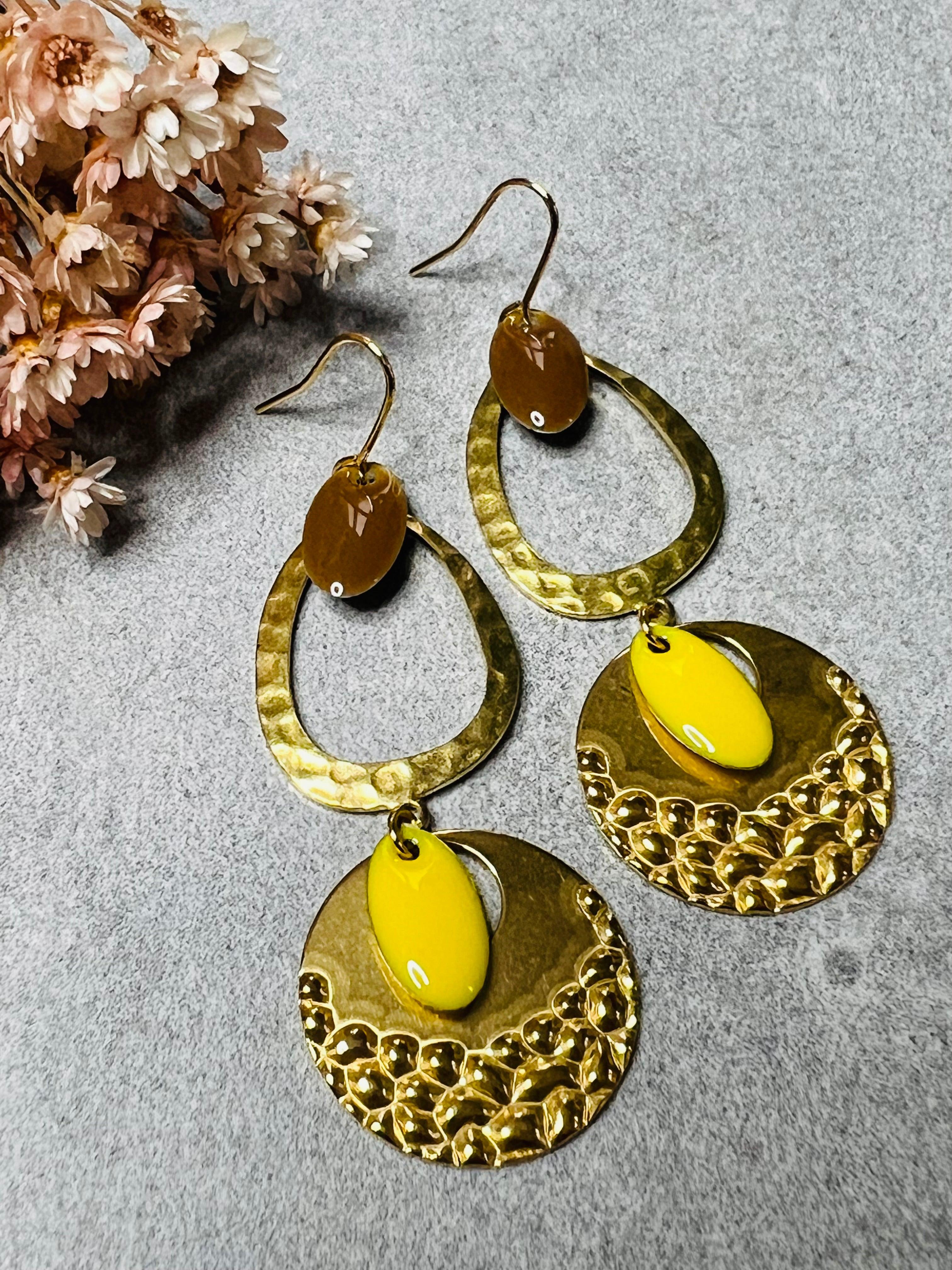 Boucles d’oreilles ALICIA gouttes marron jaune - Créations Uniques - Créations Uniques