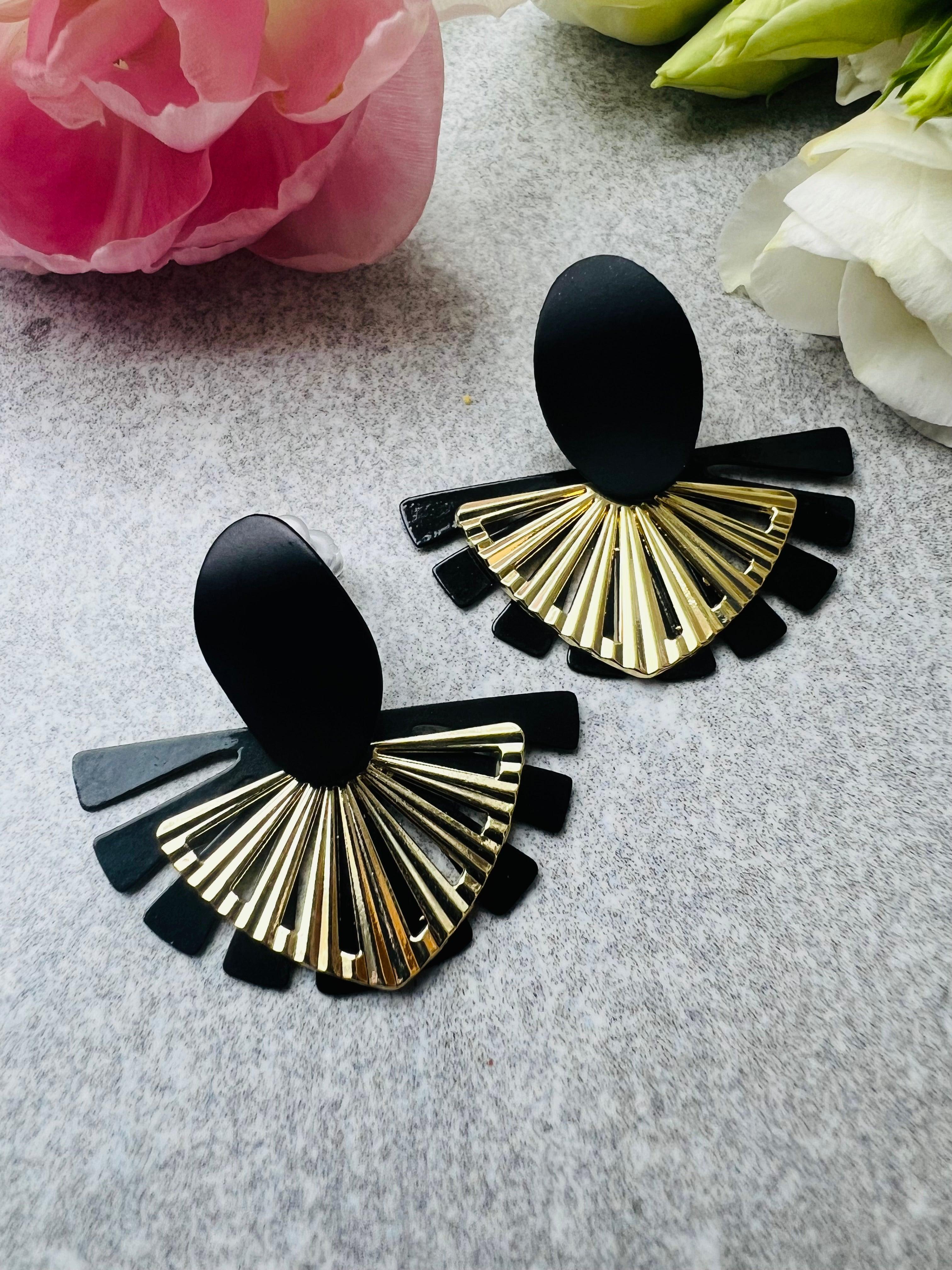 Boucles d’oreilles LALY éventails noirs et dorés superposés - Créations Uniques - Créations Uniques