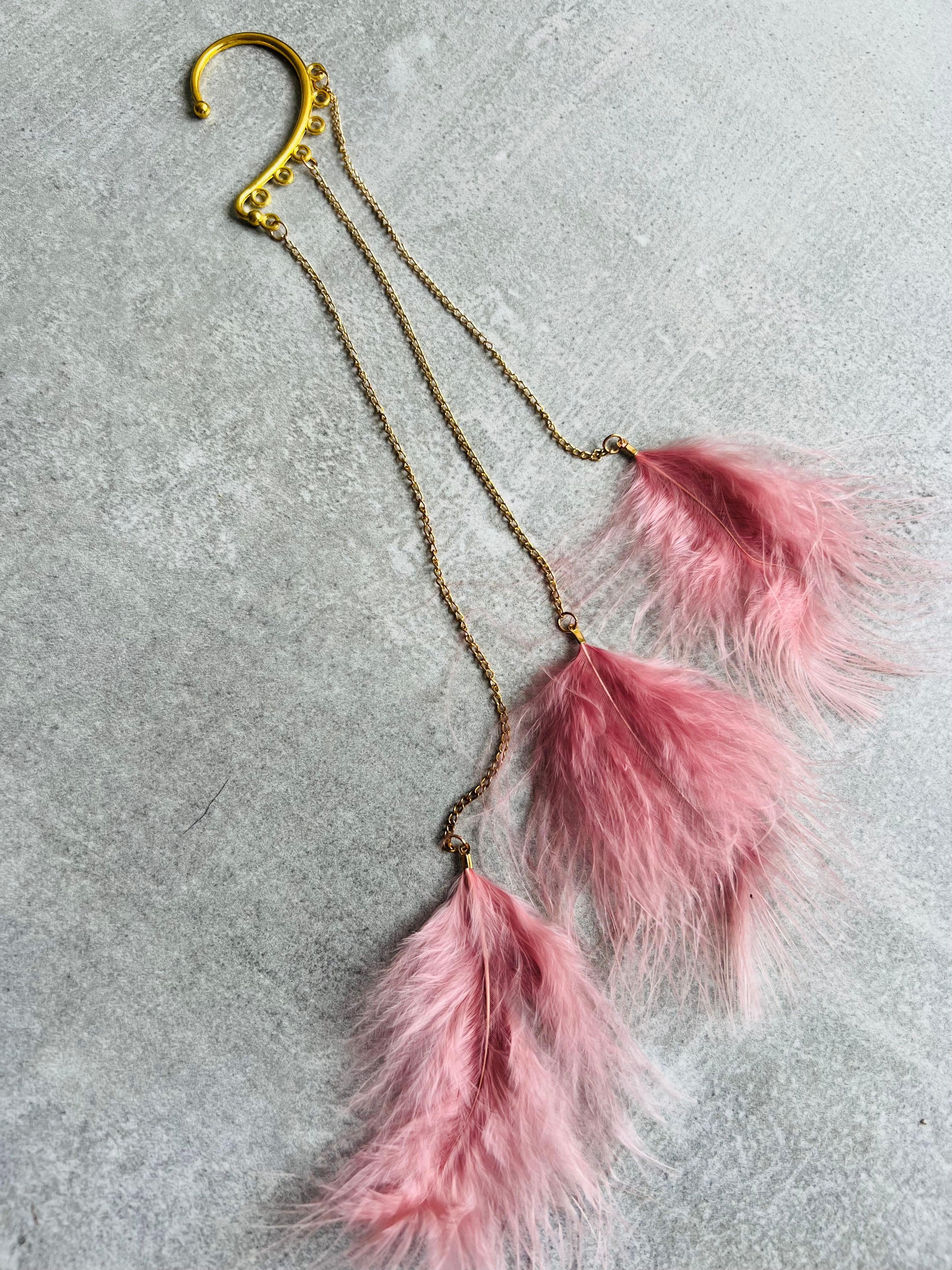 Boucle d’oreille NADEGE Plumes roses - Créations Uniques