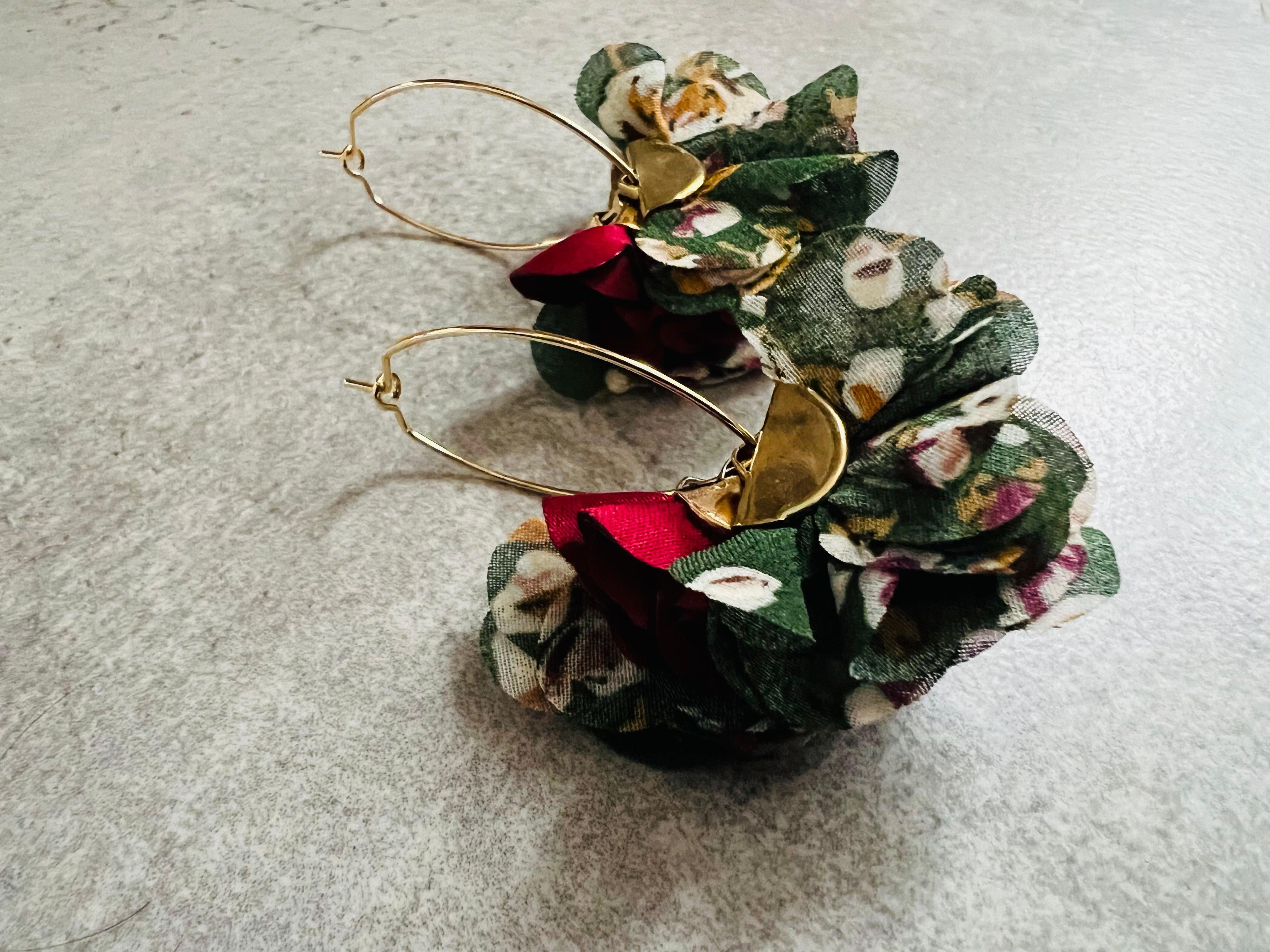 Boucles d’oreilles anneaux ovales MARIELENA pampilles tissu imprimé fleuri - Créations Uniques - Créations Uniques