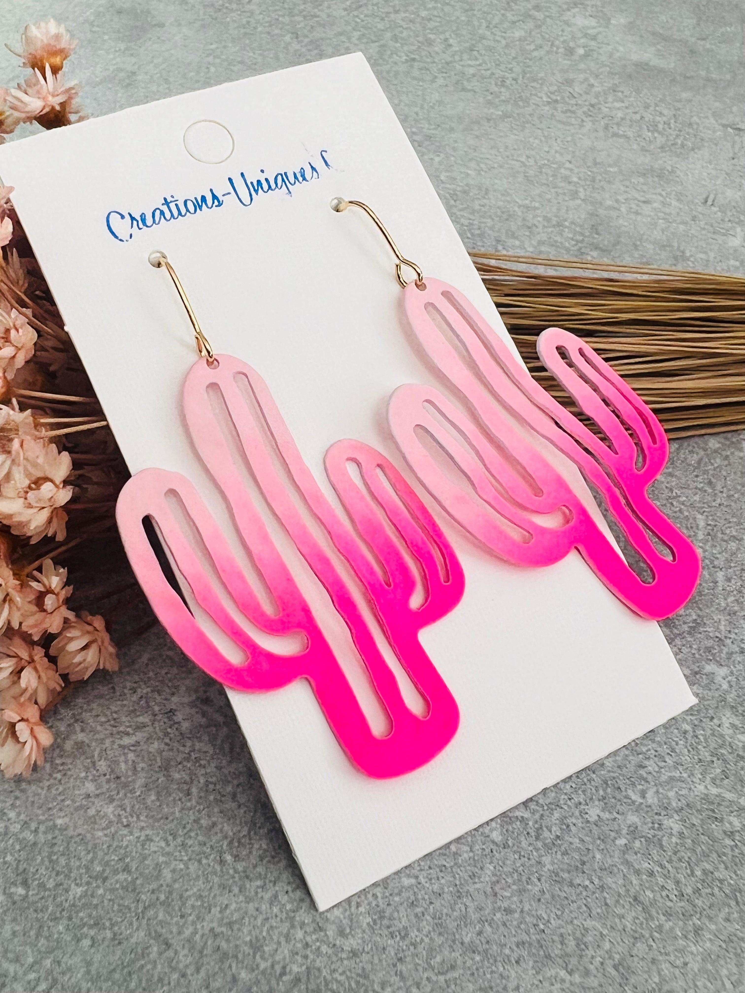 Boucles d’oreilles CAMERON cactus rose fluo - Créations Uniques - Créations Uniques
