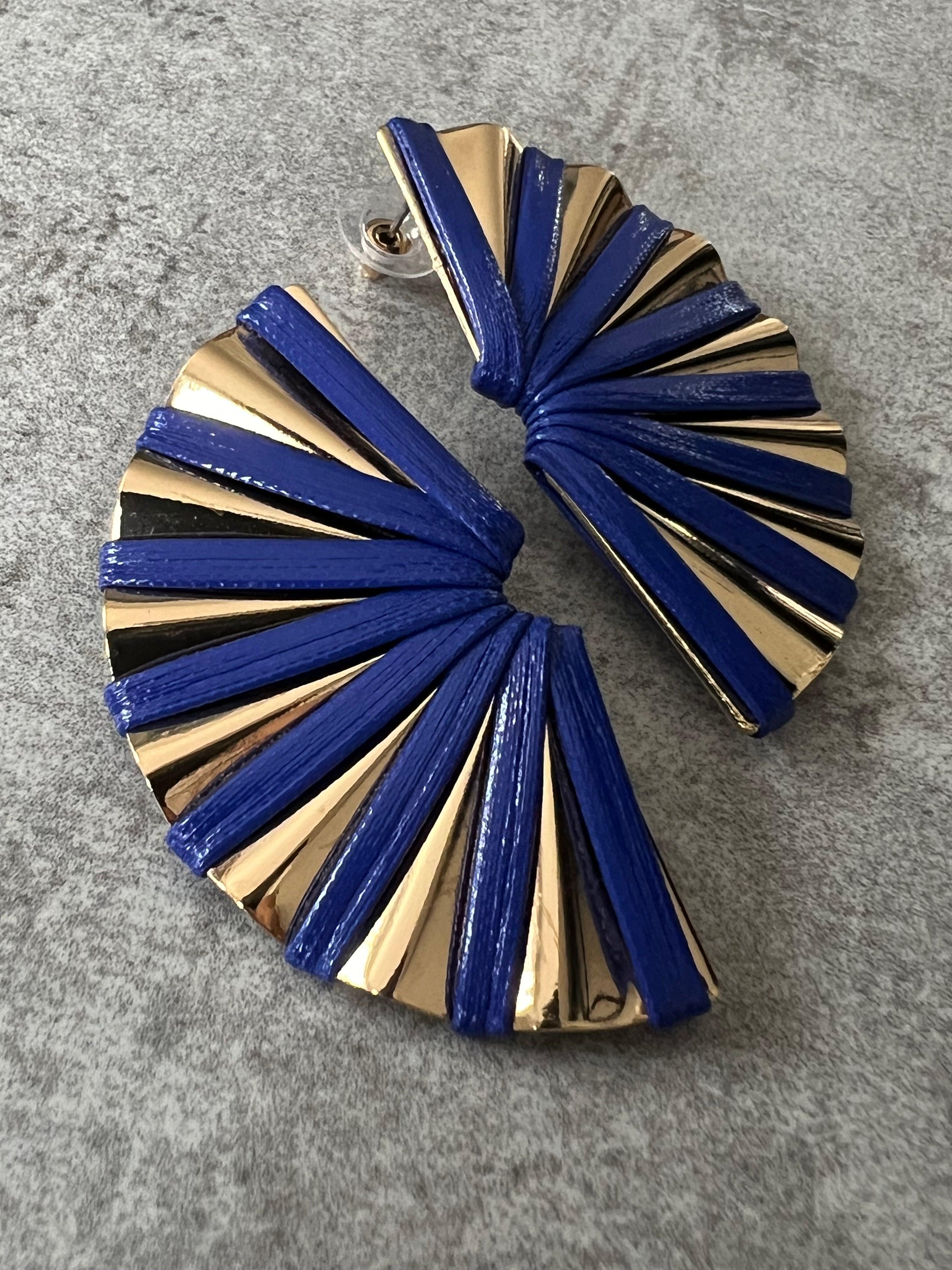 Boucles d’oreilles PENELOPE éventail bleu et doré - Créations Uniques