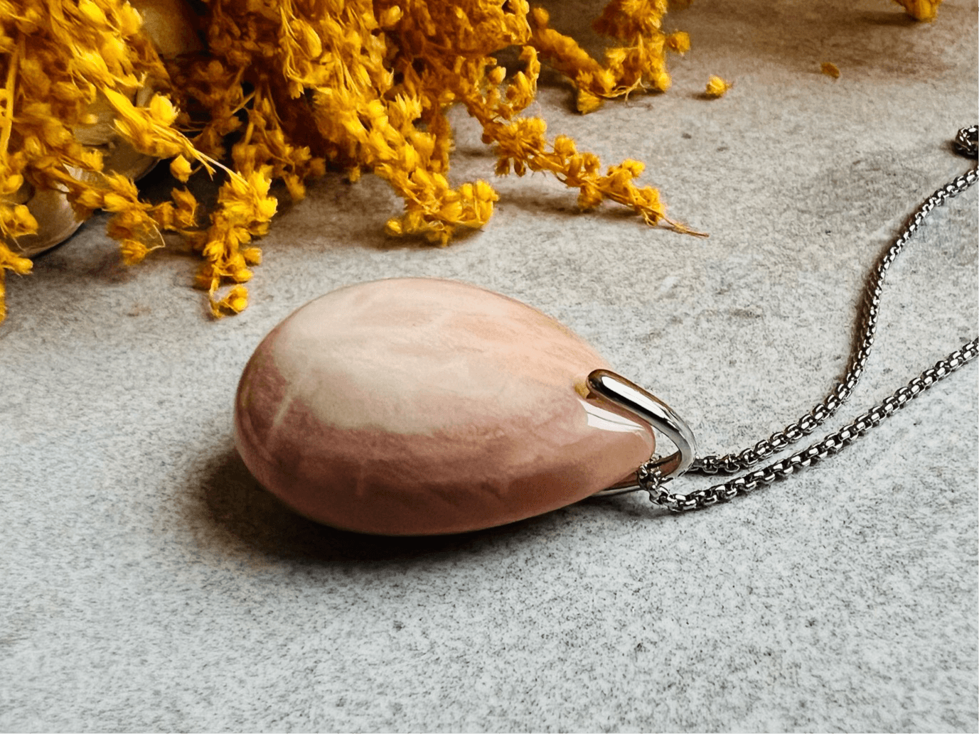 Collier PIERRE DE SOLEIL pendentif goutte rose - Créations Uniques