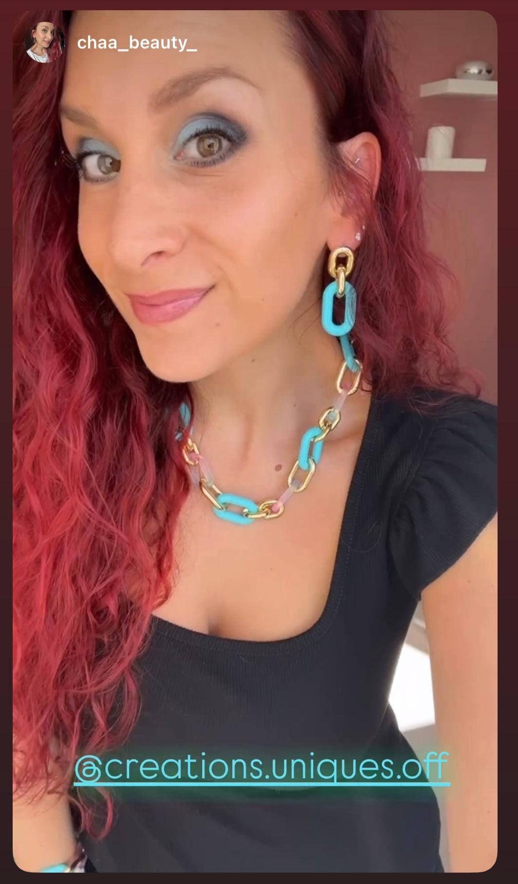 Parure BARBARA maillons bleus et dorés. Collier, bracelet et boucles assorties. - Créations Uniques