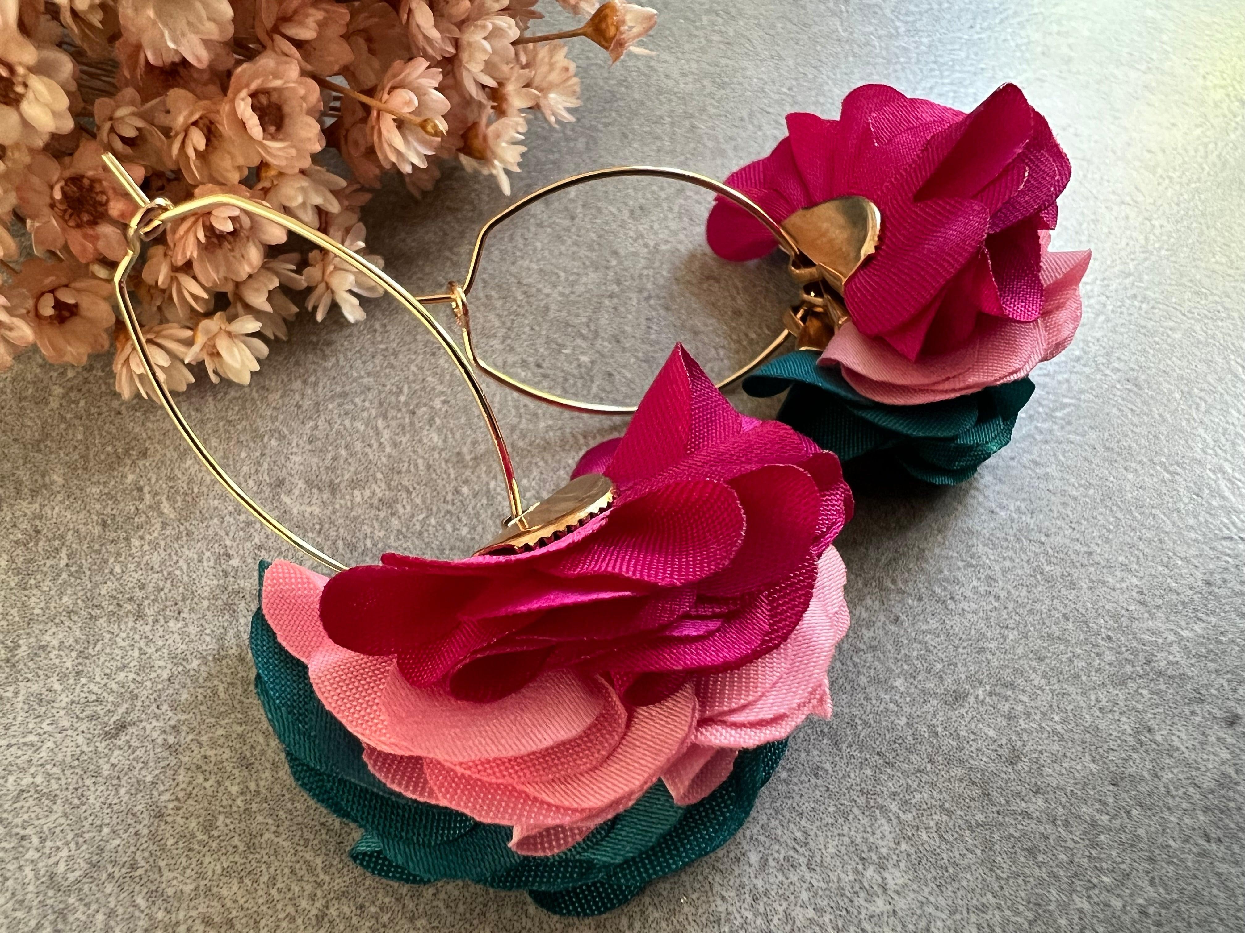 Boucles d’oreilles ZOE pampilles tissu tricolores - Créations Uniques - Créations Uniques