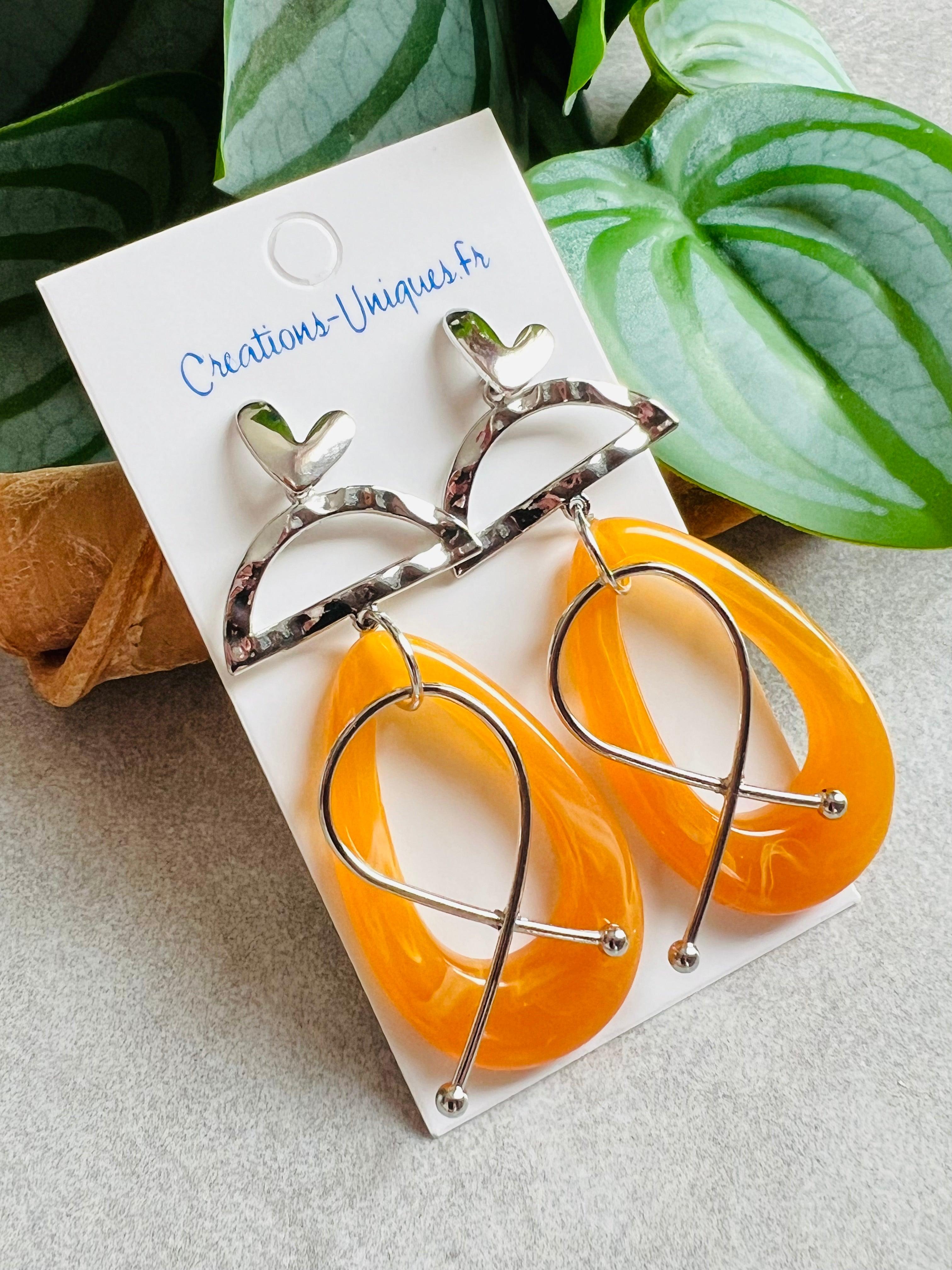 Boucles d’oreilles LILY-JANE gouttes résine orangée - Créations Uniques - Créations Uniques