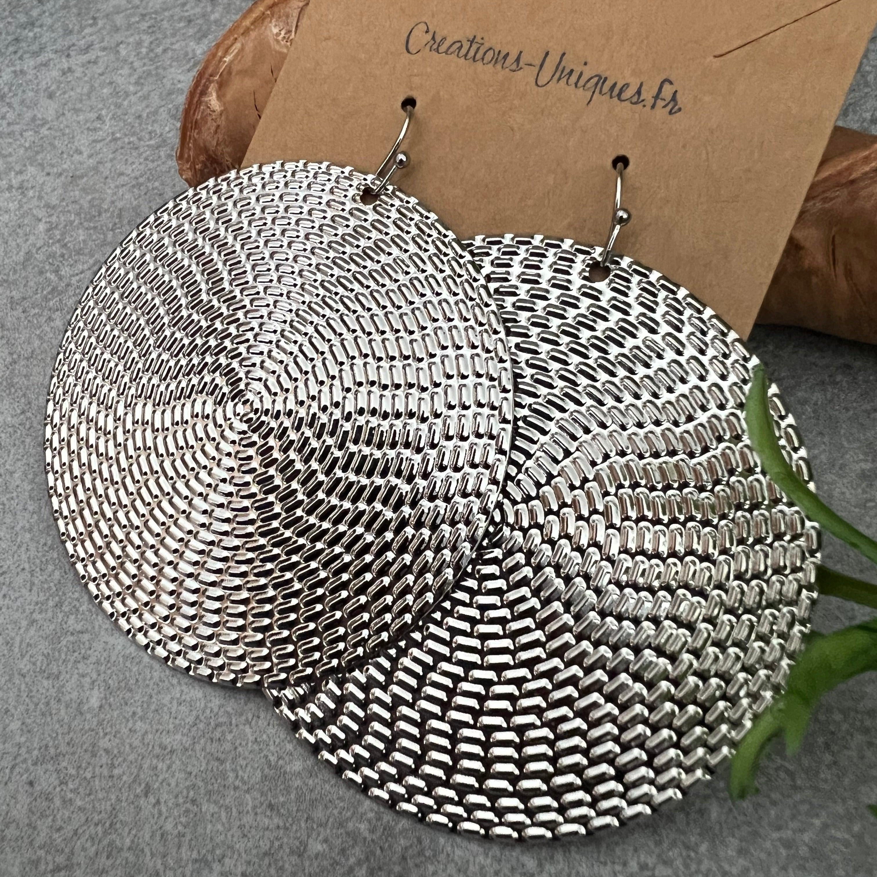 Boucles d’oreilles MARINE grands disques argentés - Créations Uniques - Créations Uniques