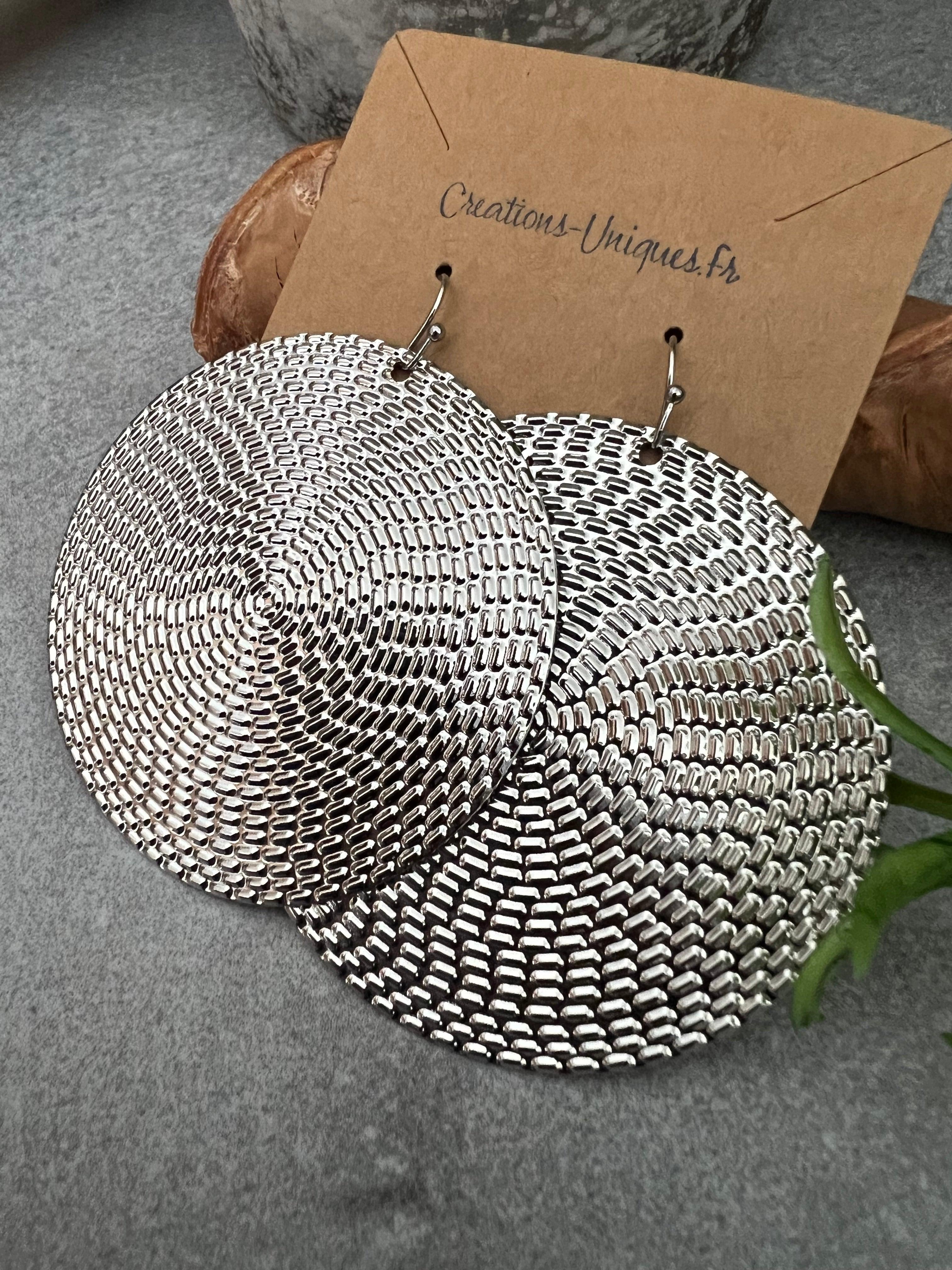 Boucles d’oreilles MARINE grands disques argentés - Créations Uniques - Créations Uniques