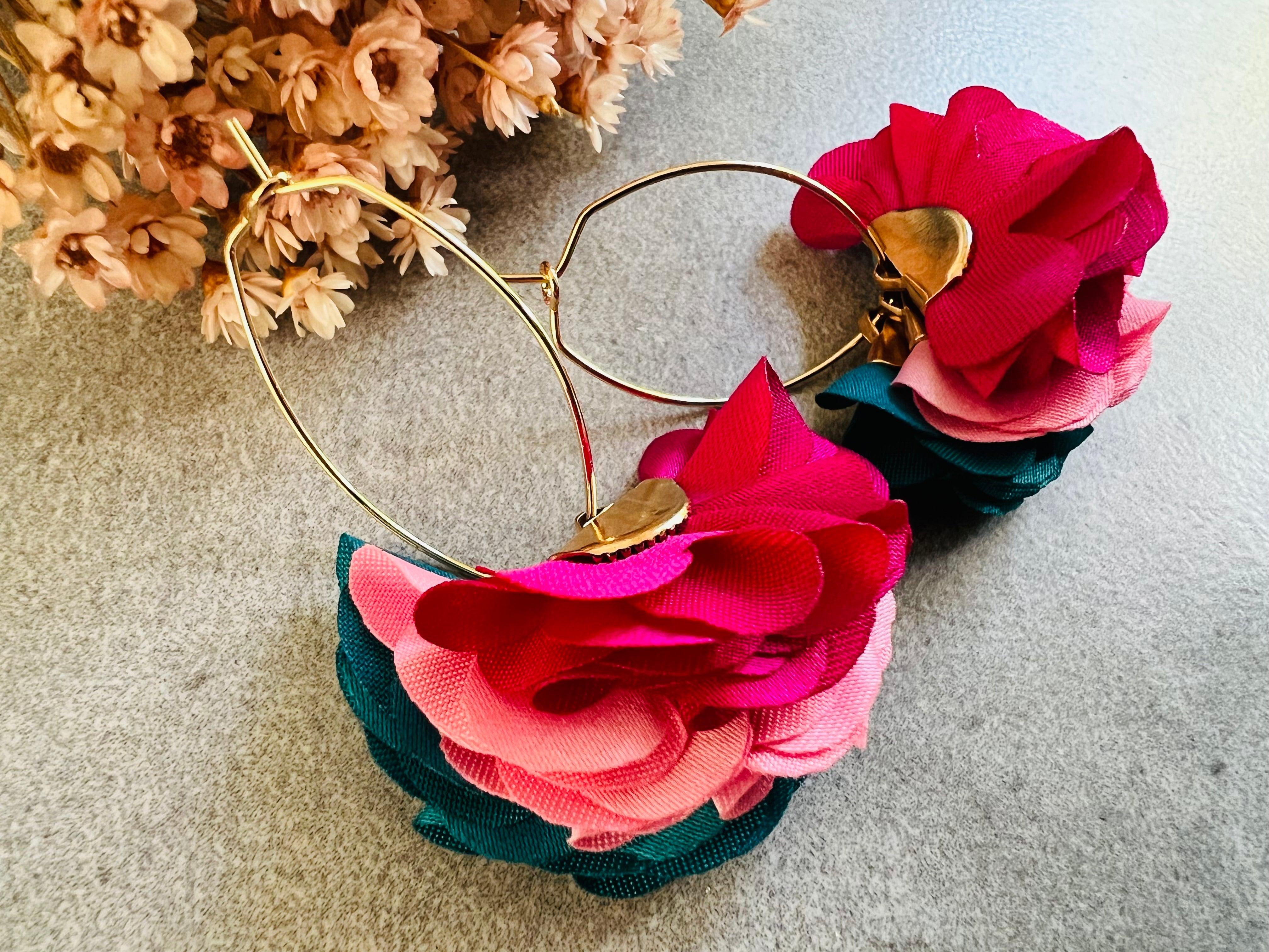 Boucles d’oreilles ZOE pampilles tissu tricolores - Créations Uniques - Créations Uniques