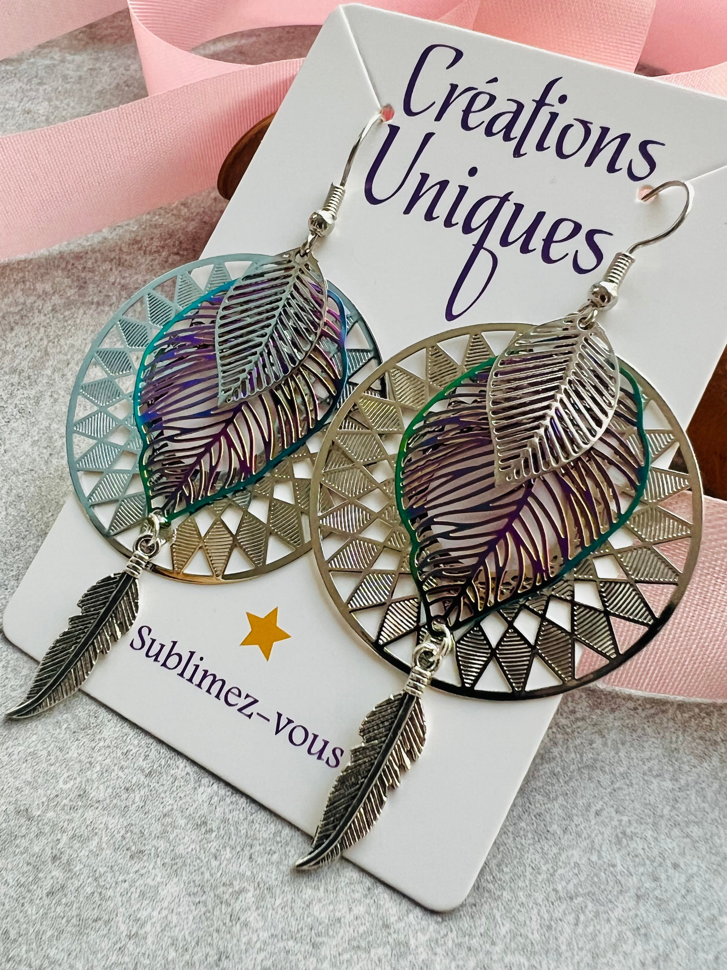 Boucles d’oreilles IZABEL plumes argentées - Créations Uniques - Créations Uniques