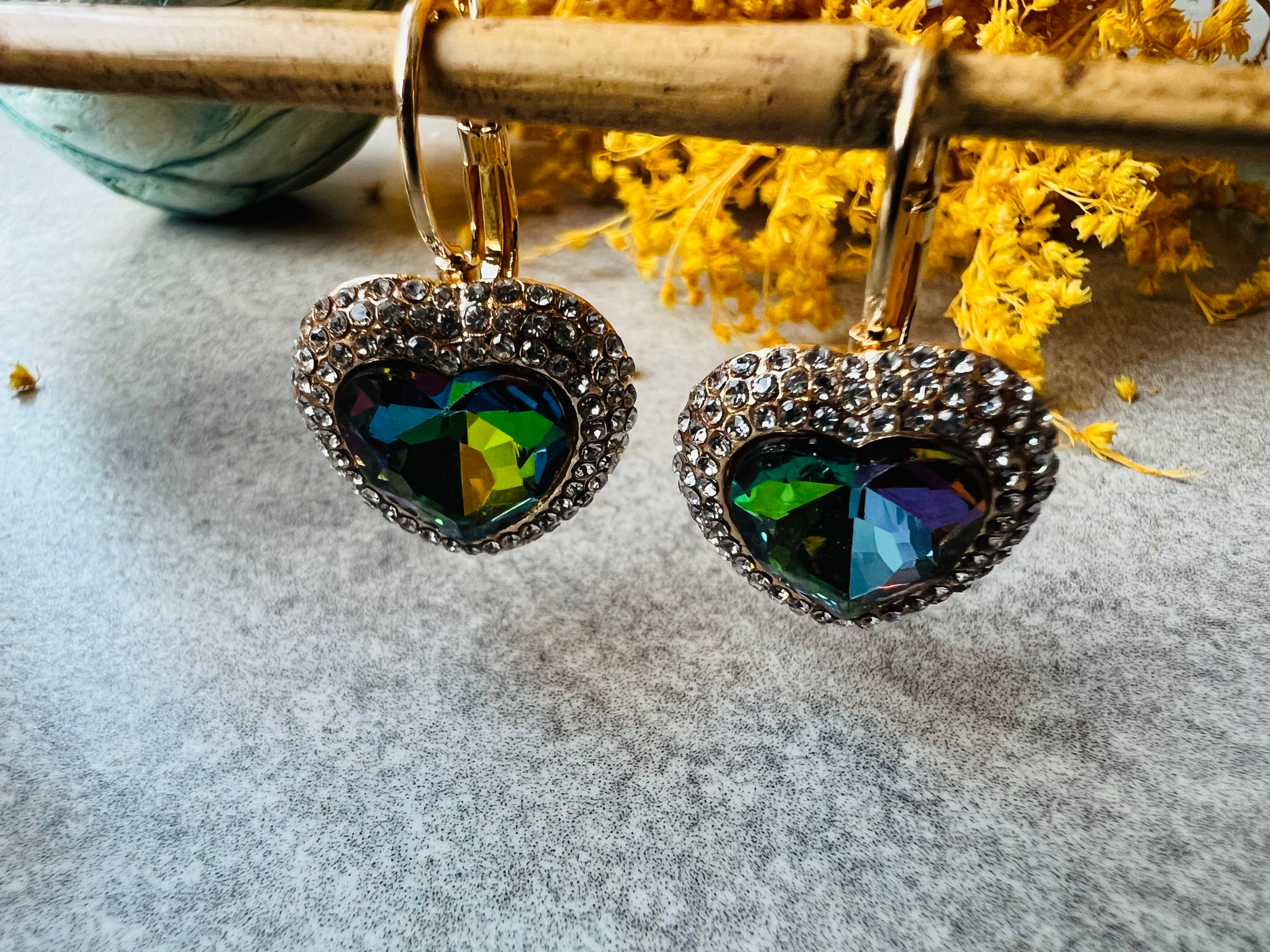 Boucles d’oreilles RONNIE cœurs reflets strass crochets dormeuses - Créations Uniques