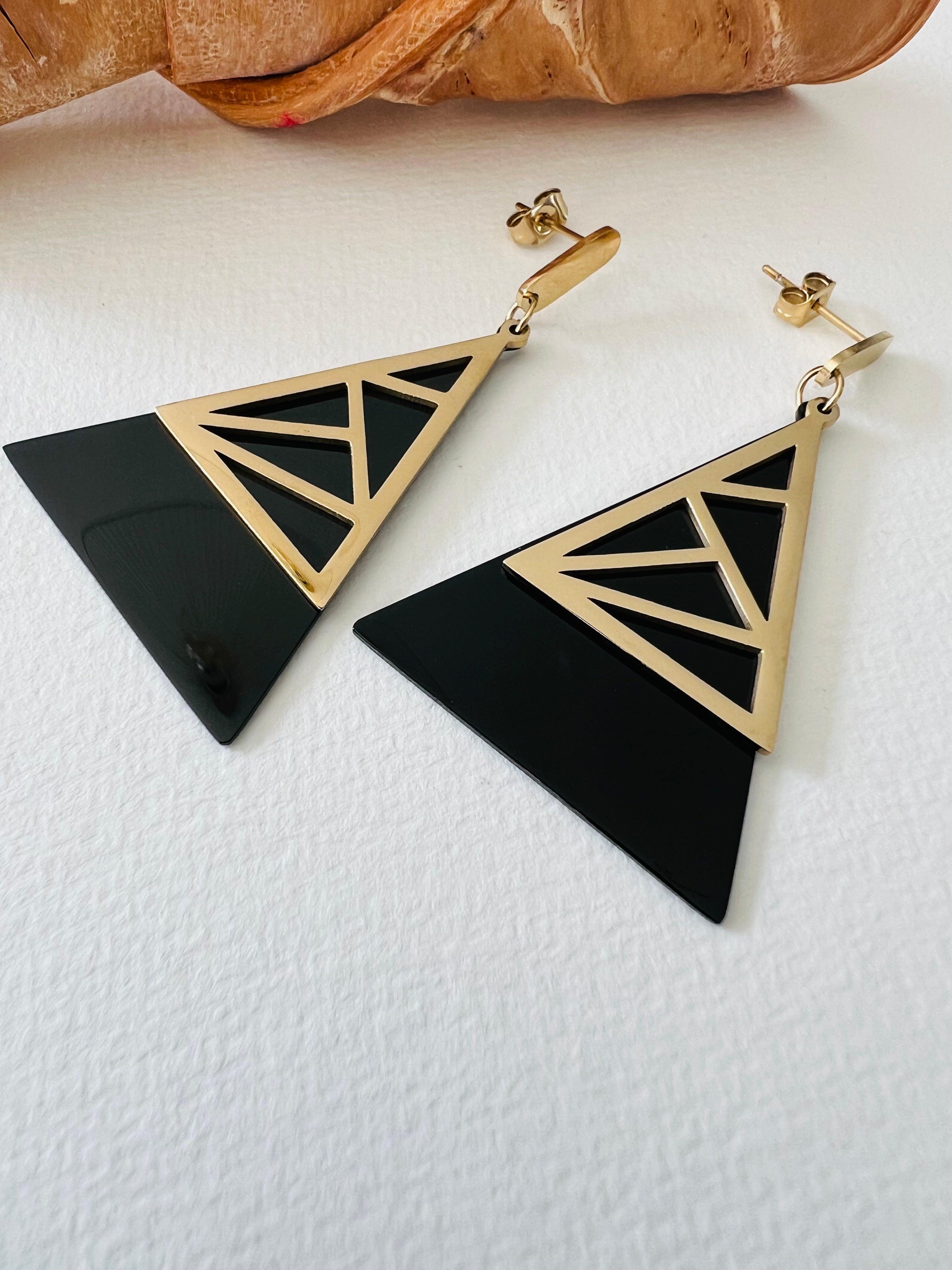 Boucles d’oreilles ARAVA triangles noirs et dorés - Créations Uniques