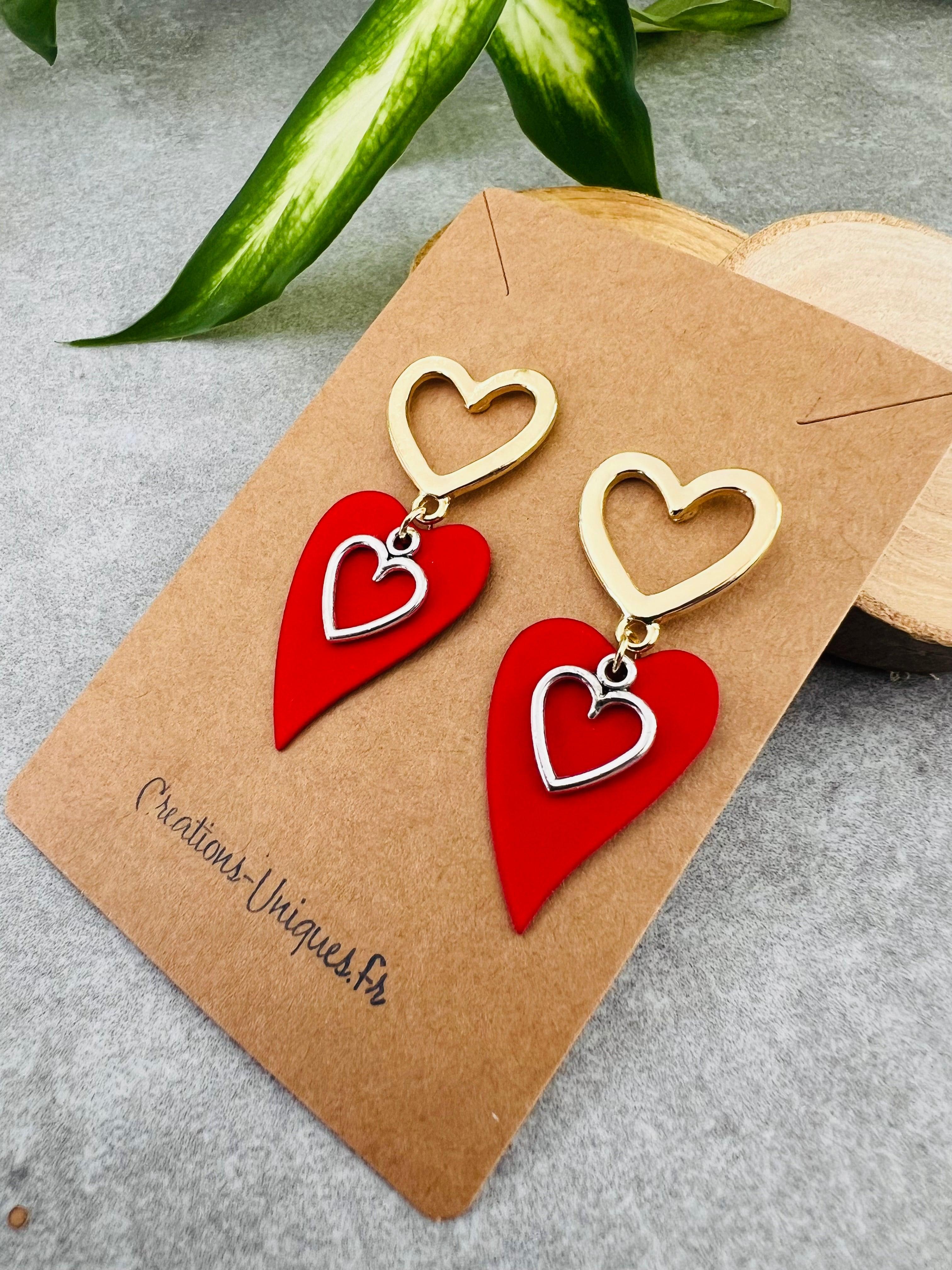 Boucles d’oreilles MARIE-MAUD cœurs rouges - Créations Uniques - Créations Uniques