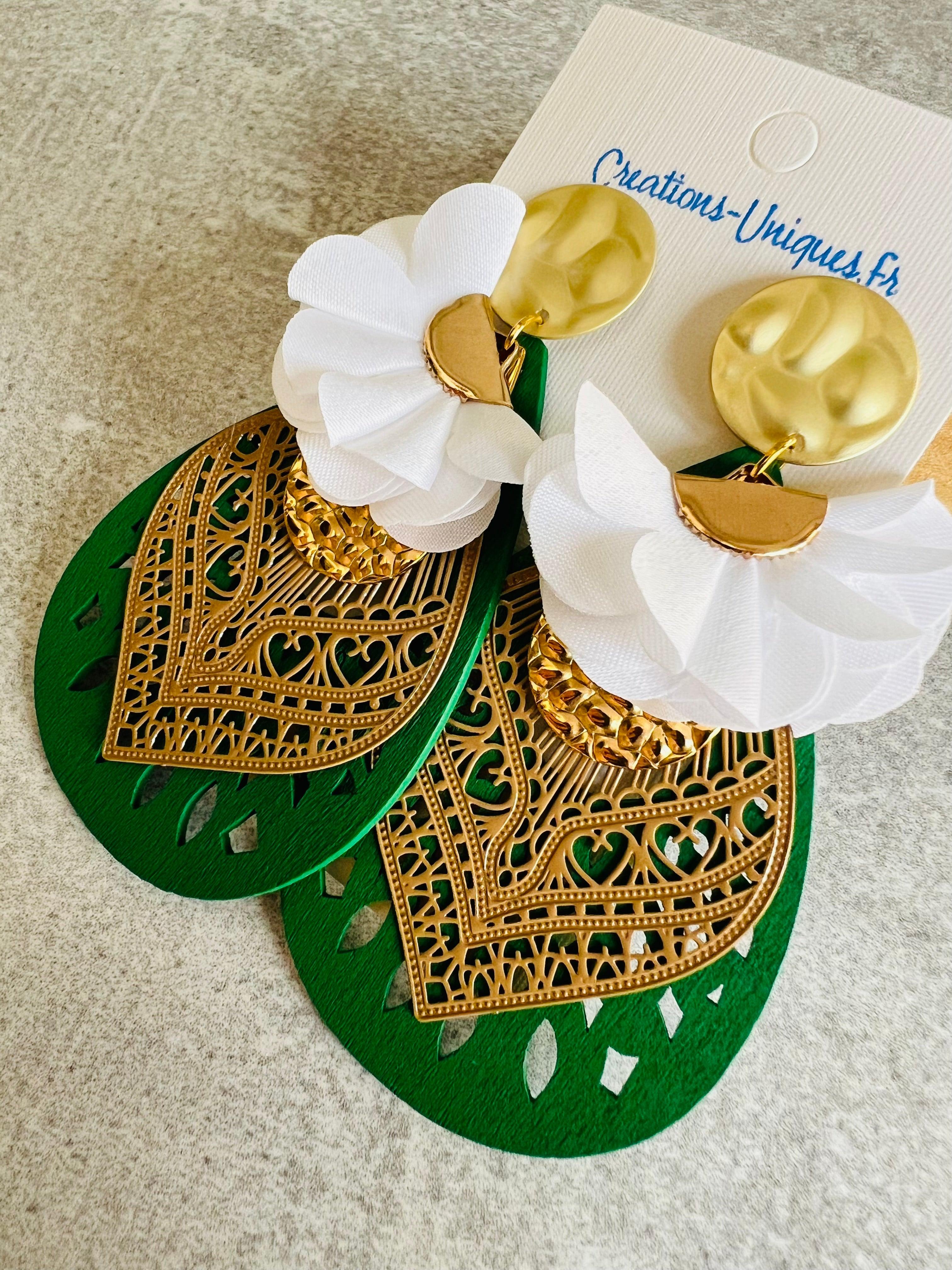 Boucles d’oreilles TELMA gouttes bois vert - Créations Uniques - Créations Uniques