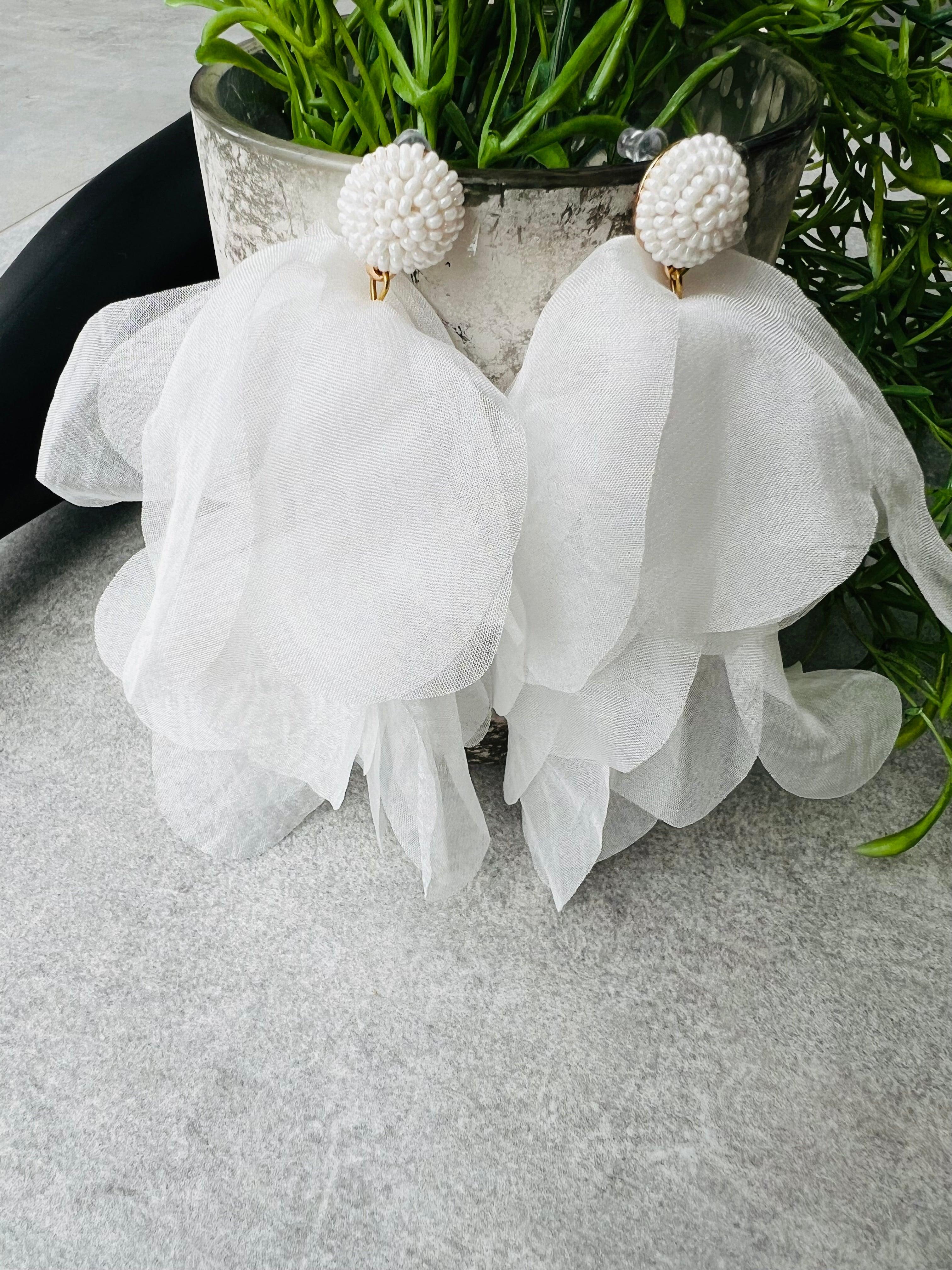 Boucles d’oreilles ALESSANDRA tissu soie blanc - Créations Uniques