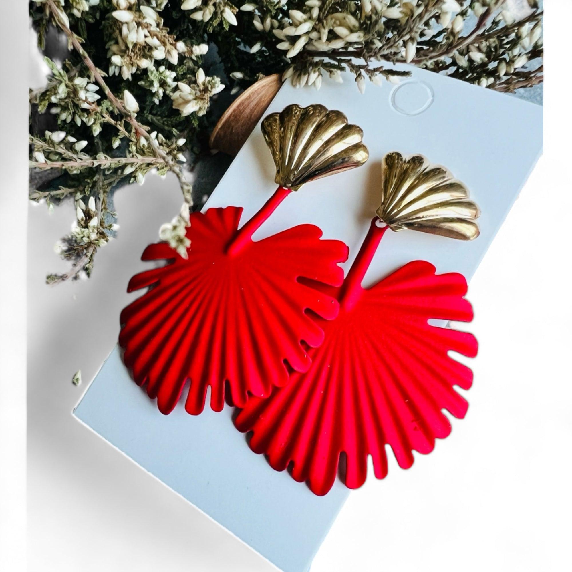 Boucles d’oreilles PHILOMÈNE feuilles tropicales rouges - Créations Uniques