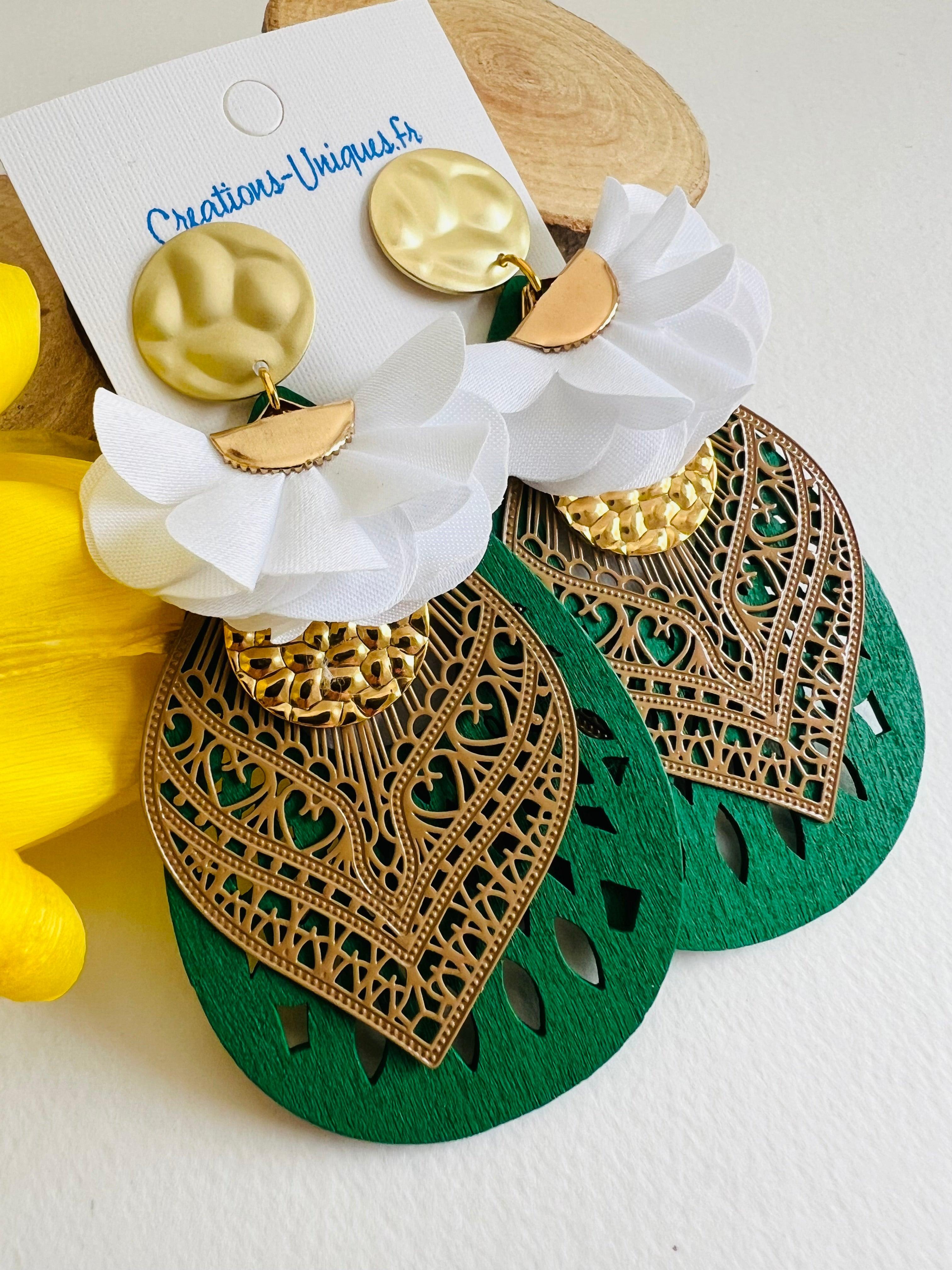 Boucles d’oreilles TELMA gouttes bois vert - Créations Uniques - Créations Uniques