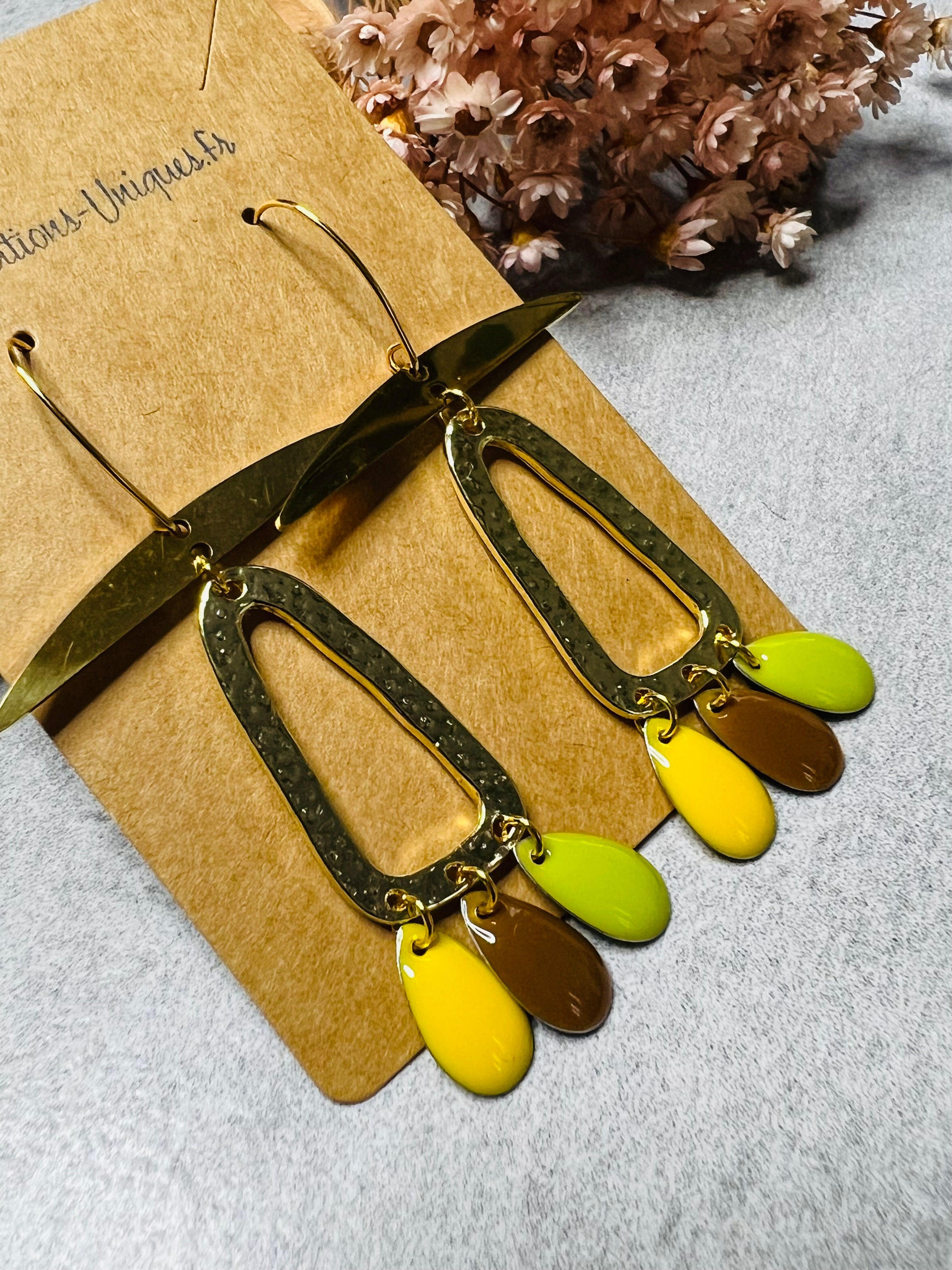 Boucles d’oreilles SARASVATI jaune marron noisette et vert anis - Créations Uniques - Créations Uniques