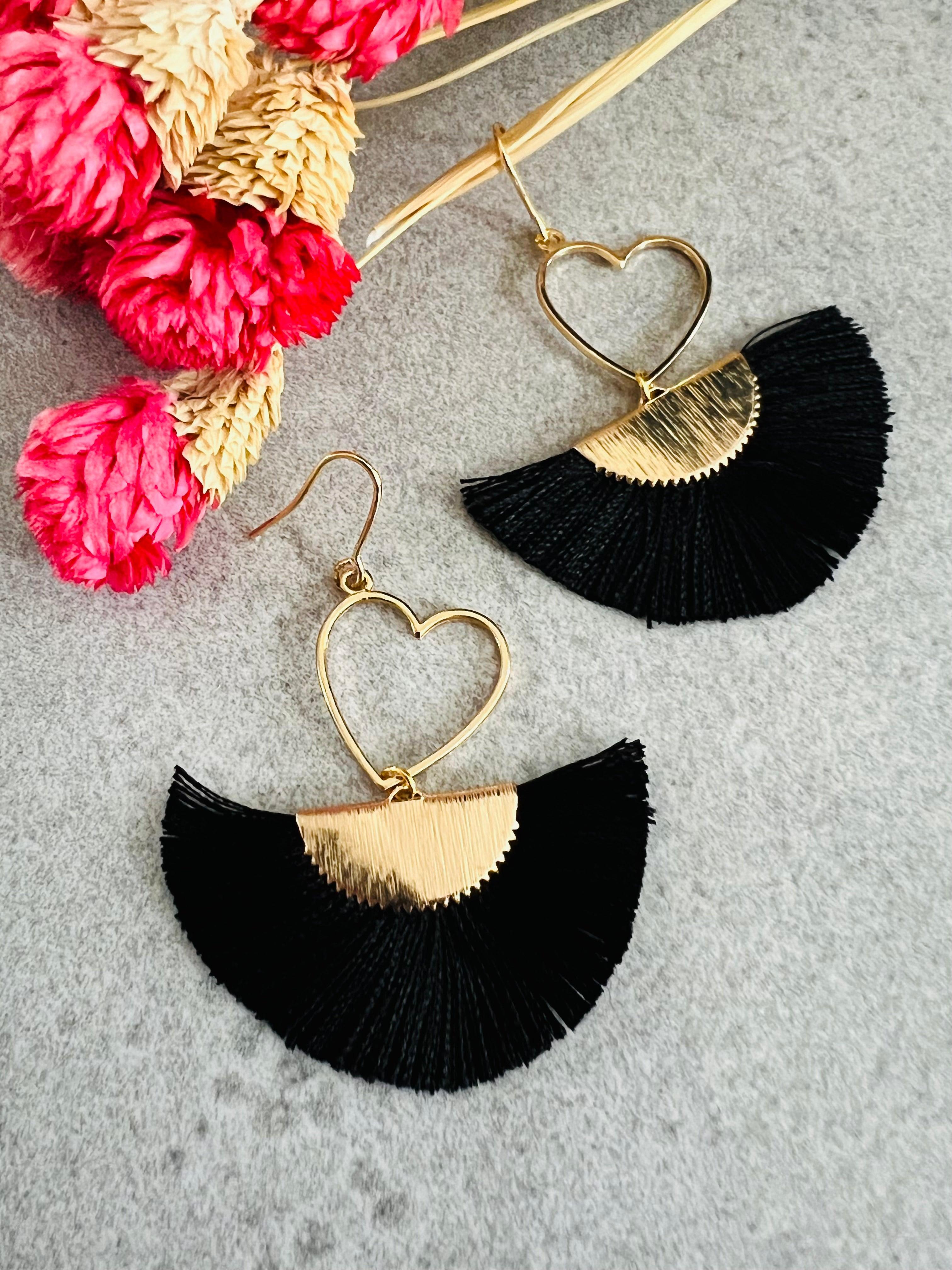 Boucles d’oreilles MARYLAUR cœurs dorés et éventail noir - Créations Uniques - Créations Uniques