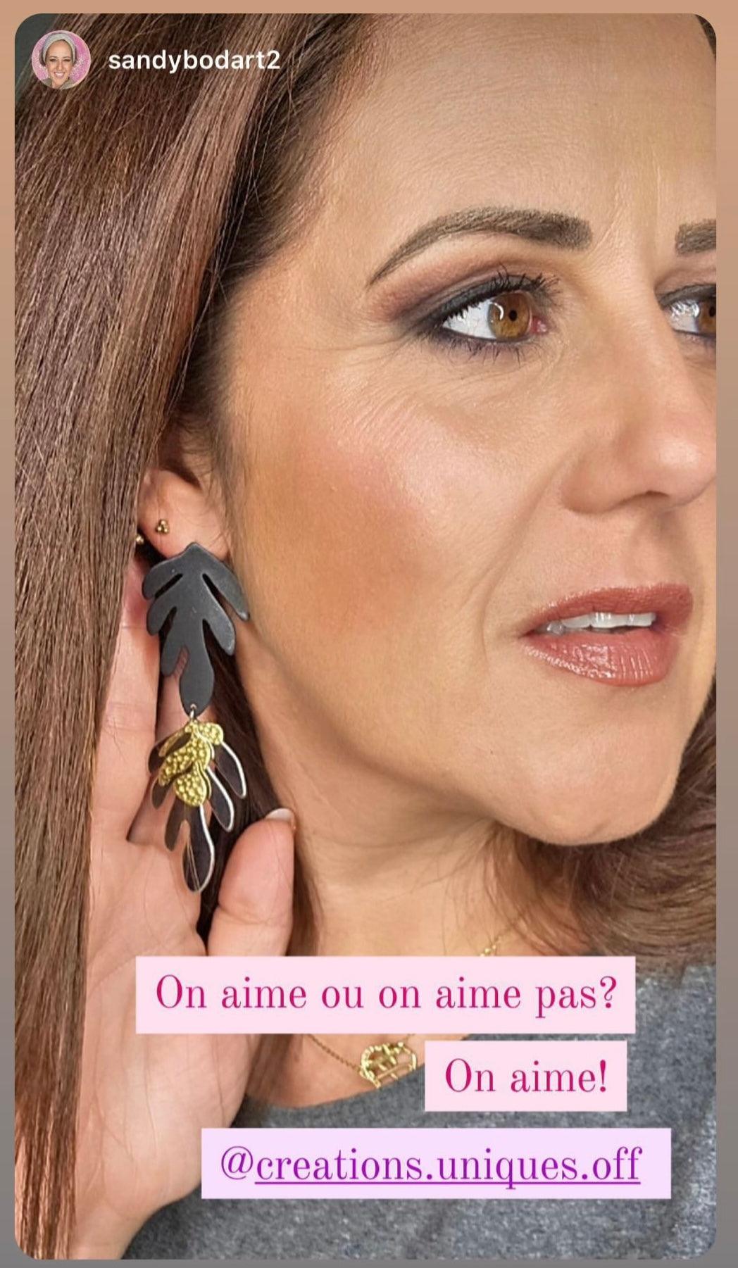 Boucles d’oreilles GLORIA feuilles noires et argent - Créations Uniques - Créations Uniques