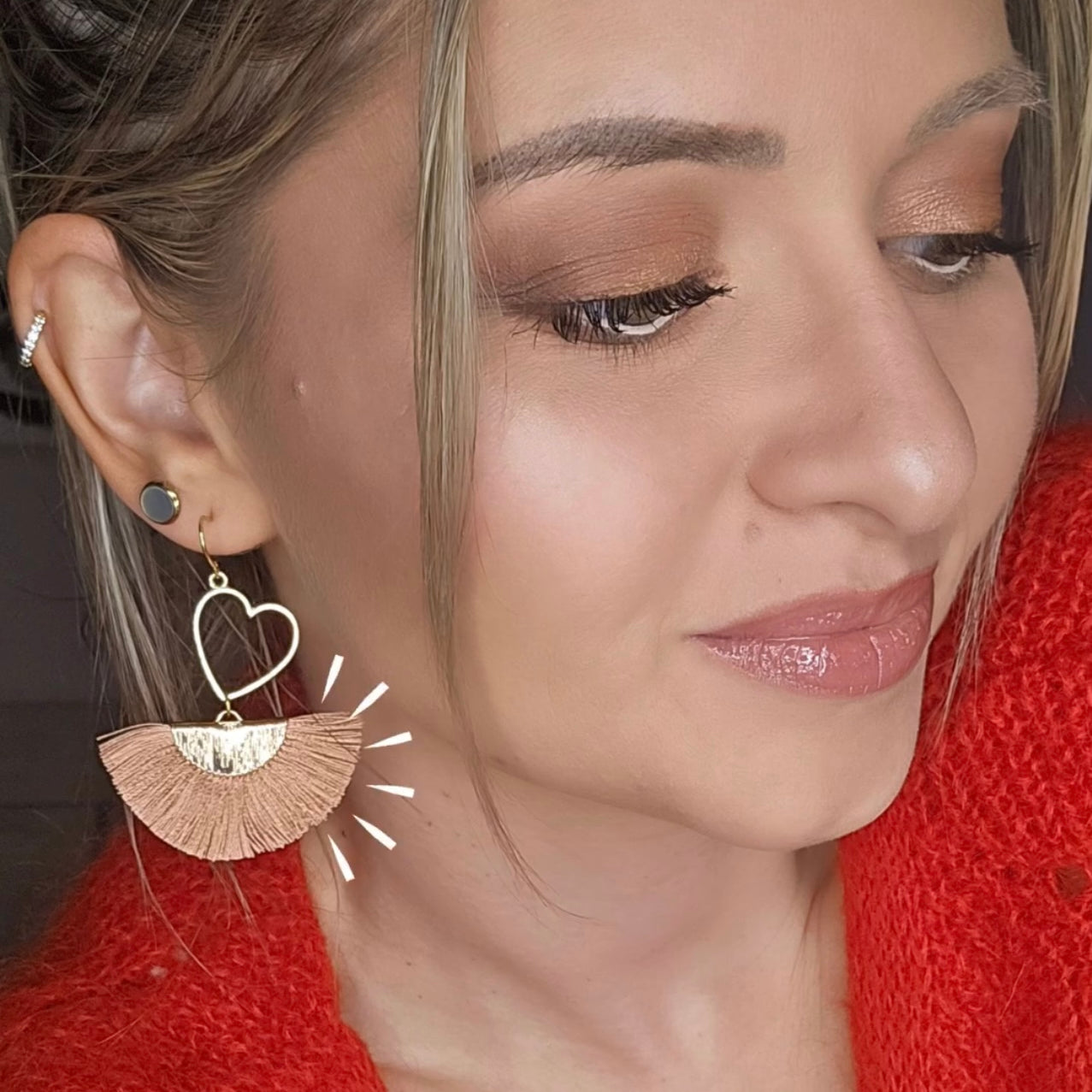 Boucles d’oreilles MARYLAUR cœurs dorés et éventail terracotta - Créations Uniques - Créations Uniques