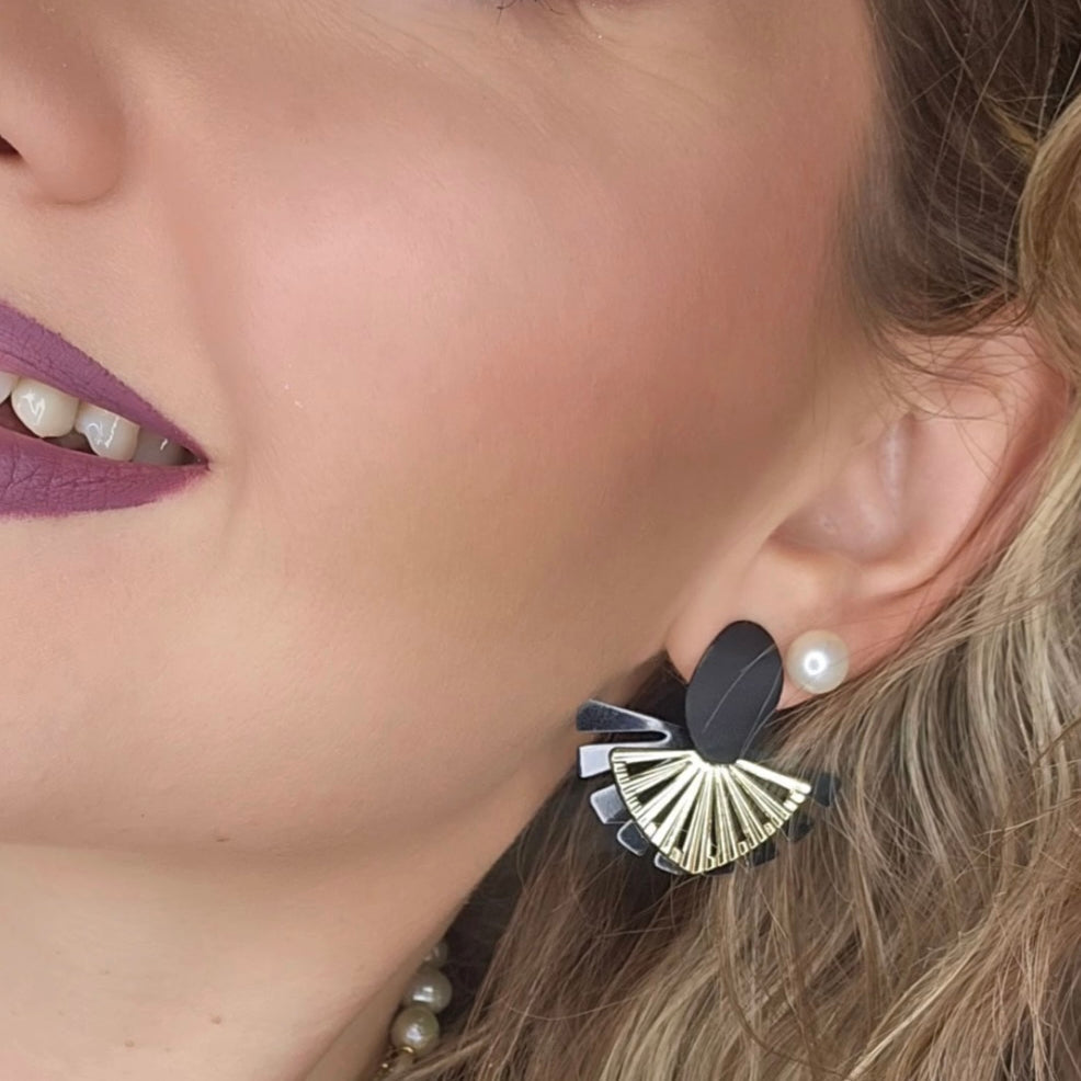 Boucles d’oreilles LALY éventails noirs et dorés superposés - Créations Uniques - Créations Uniques