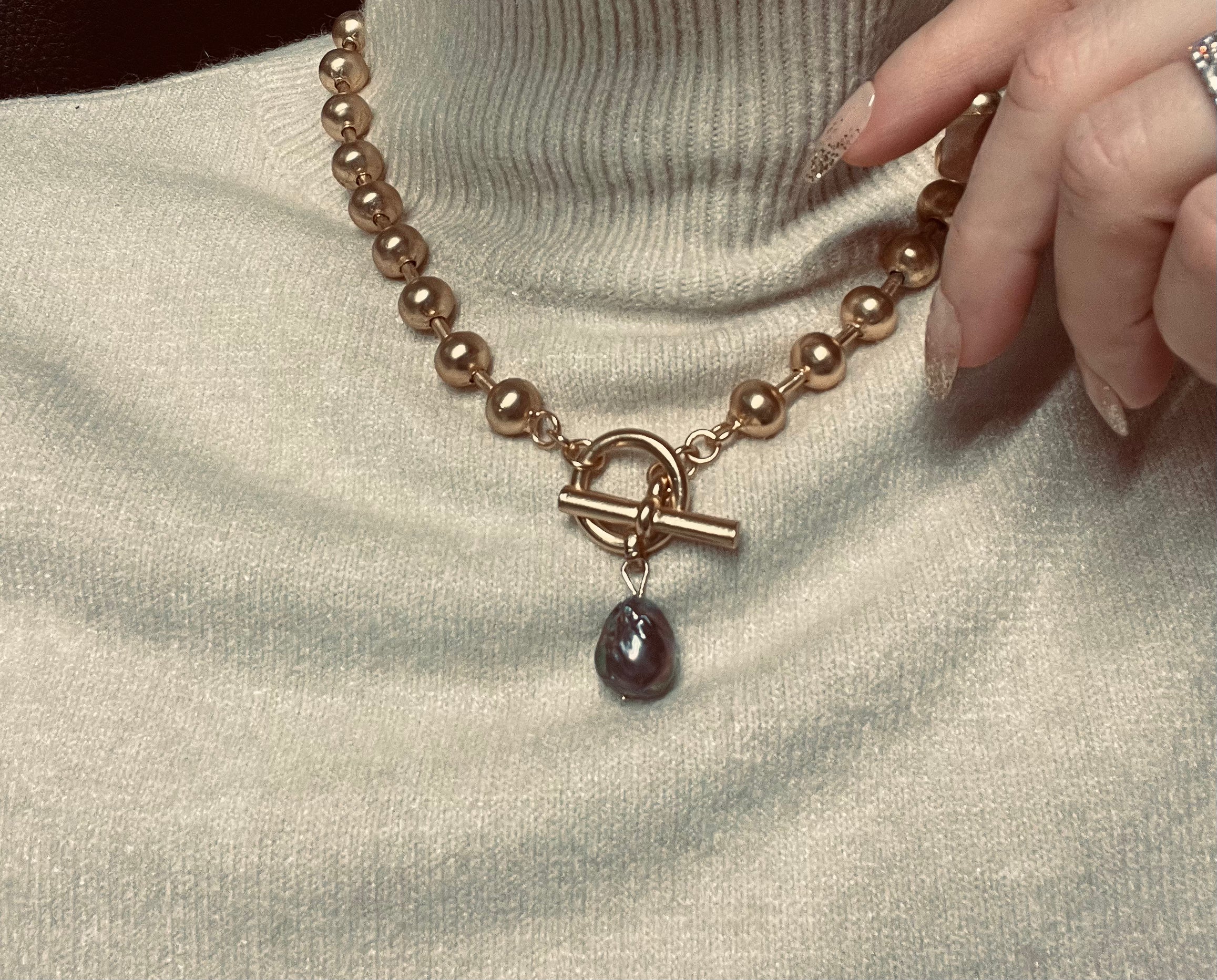 N73520 Collier chaîne perlée perle paon - Karine Sultan - Créations Uniques