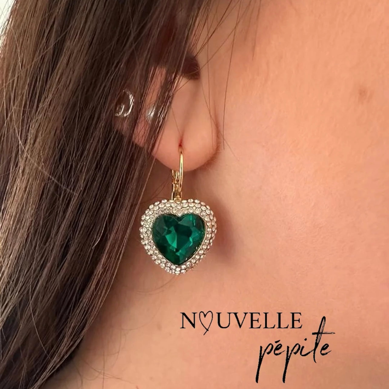 Boucles d’oreilles RONNIE cœurs émeraude strass crochets dormeuses - Créations Uniques