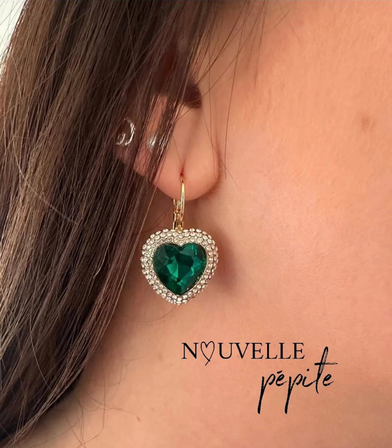 Boucles d’oreilles RONNIE cœurs émeraude strass crochets dormeuses - Créations Uniques