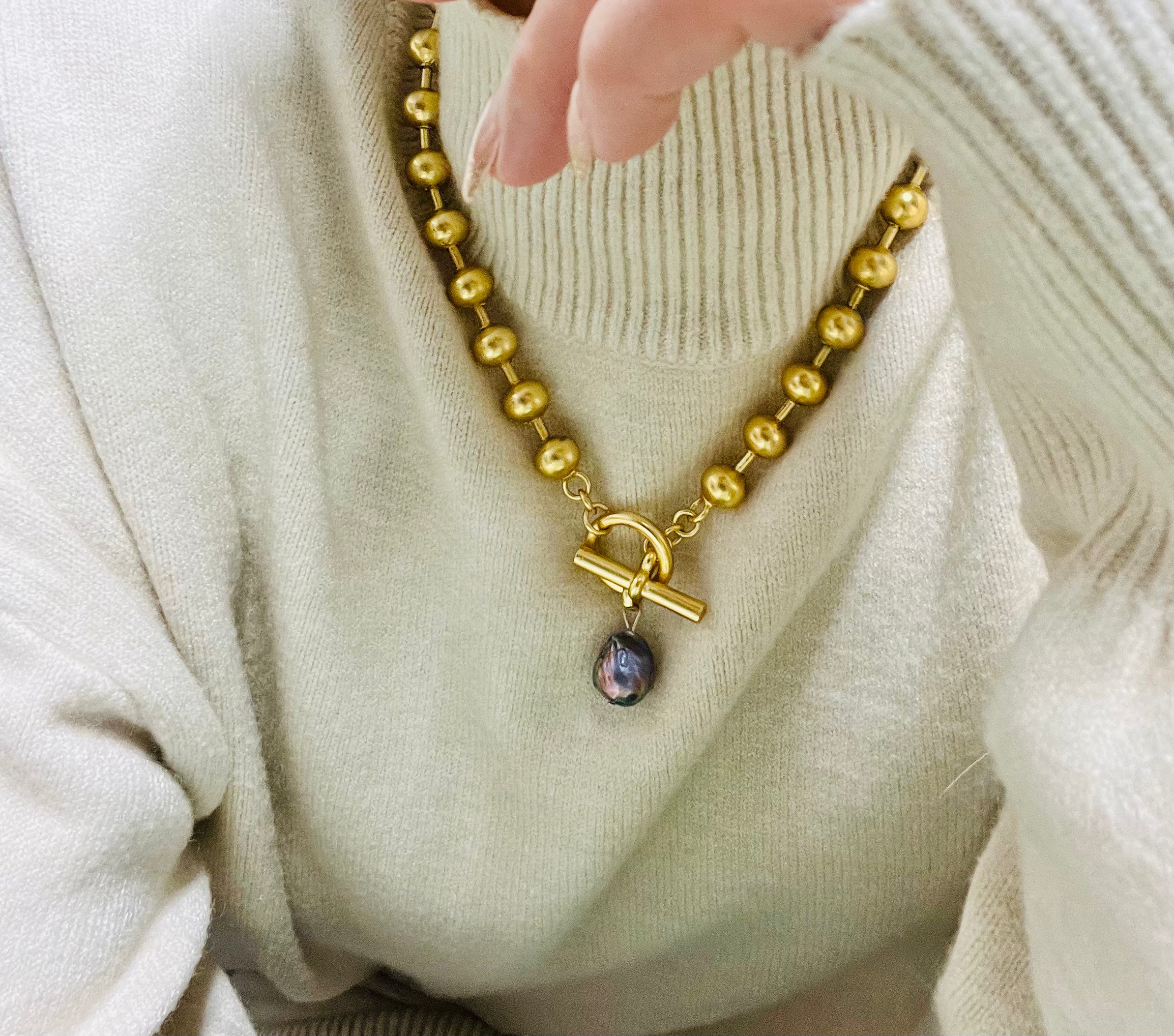 N73520 Collier chaîne perlée perle paon - Karine Sultan - Créations Uniques