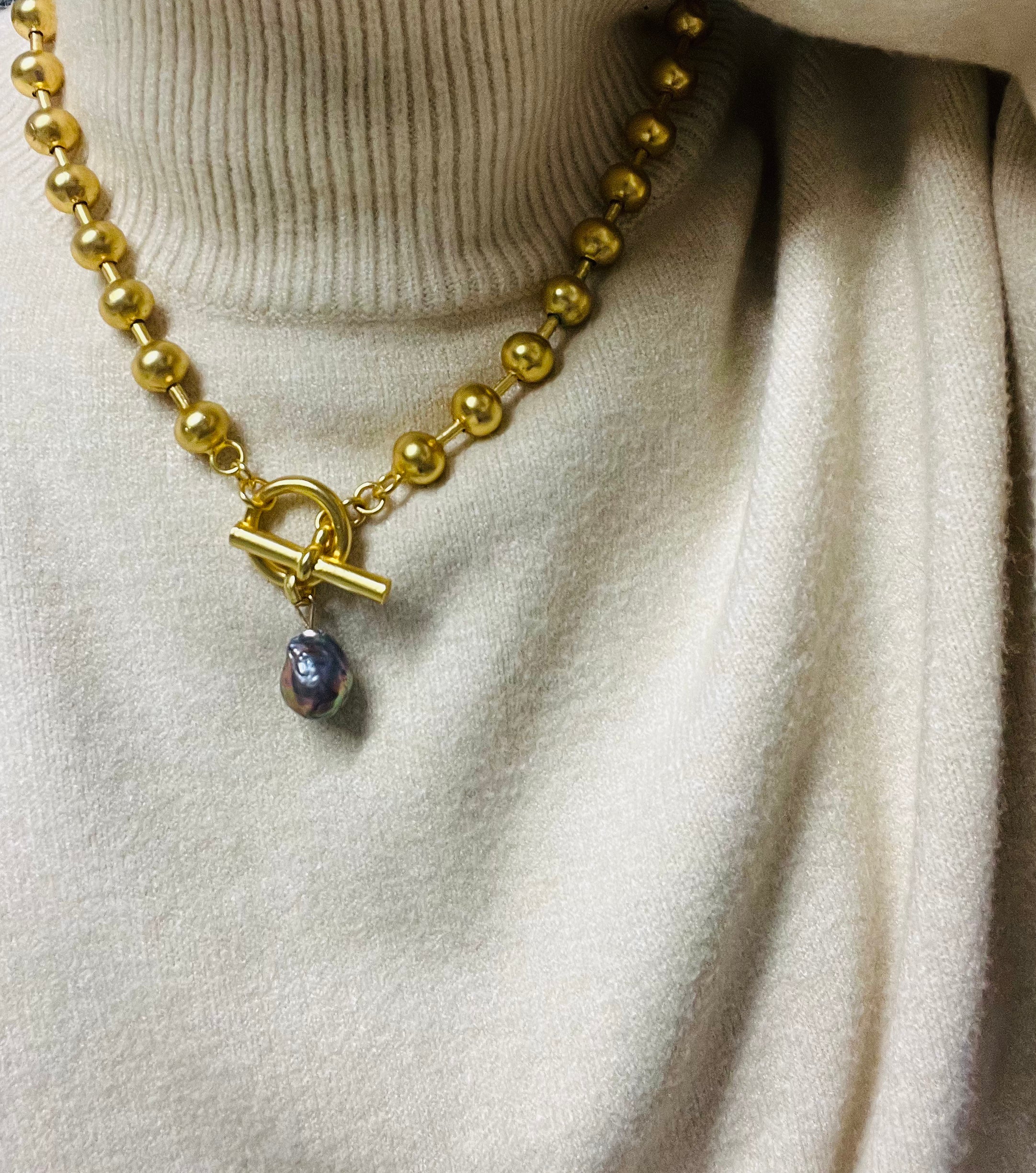 N73520 Collier chaîne perlée perle paon - Karine Sultan - Créations Uniques