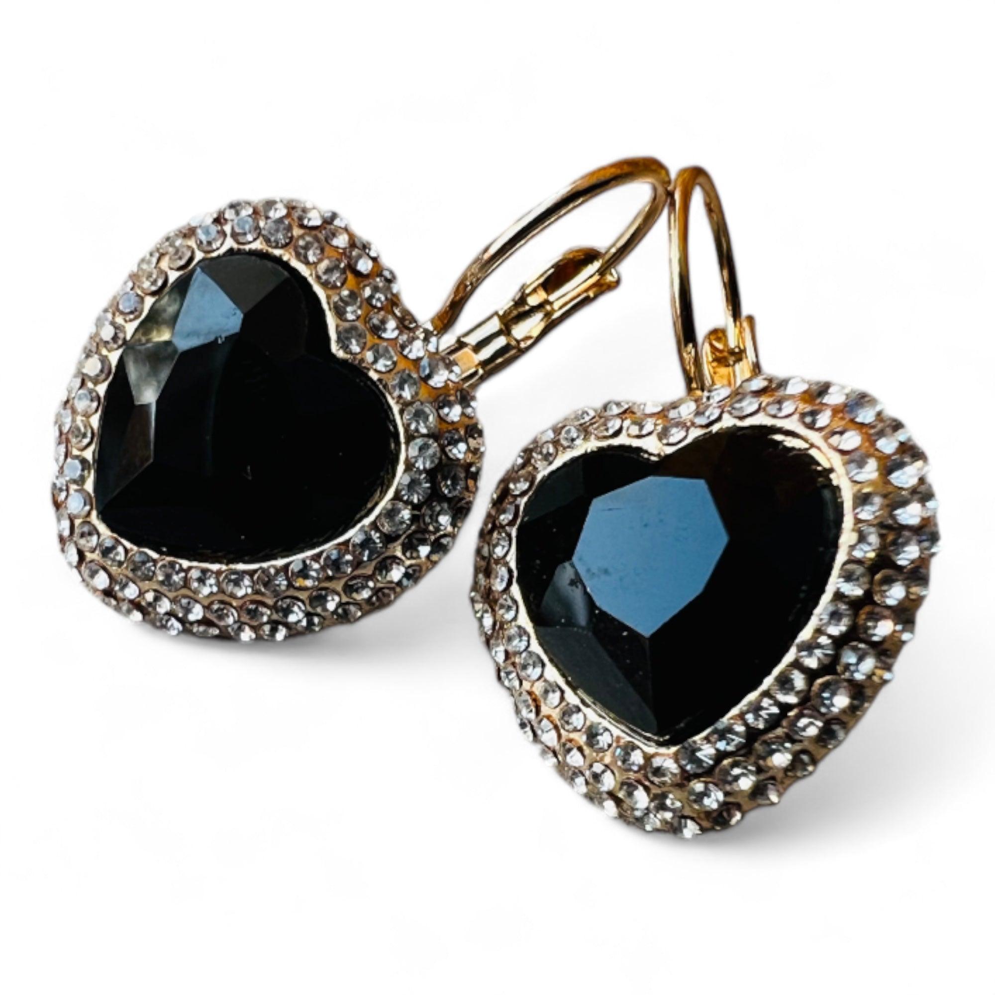 Boucles d’oreilles RONNIE cœurs noirs strass crochets dormeuses - Créations Uniques