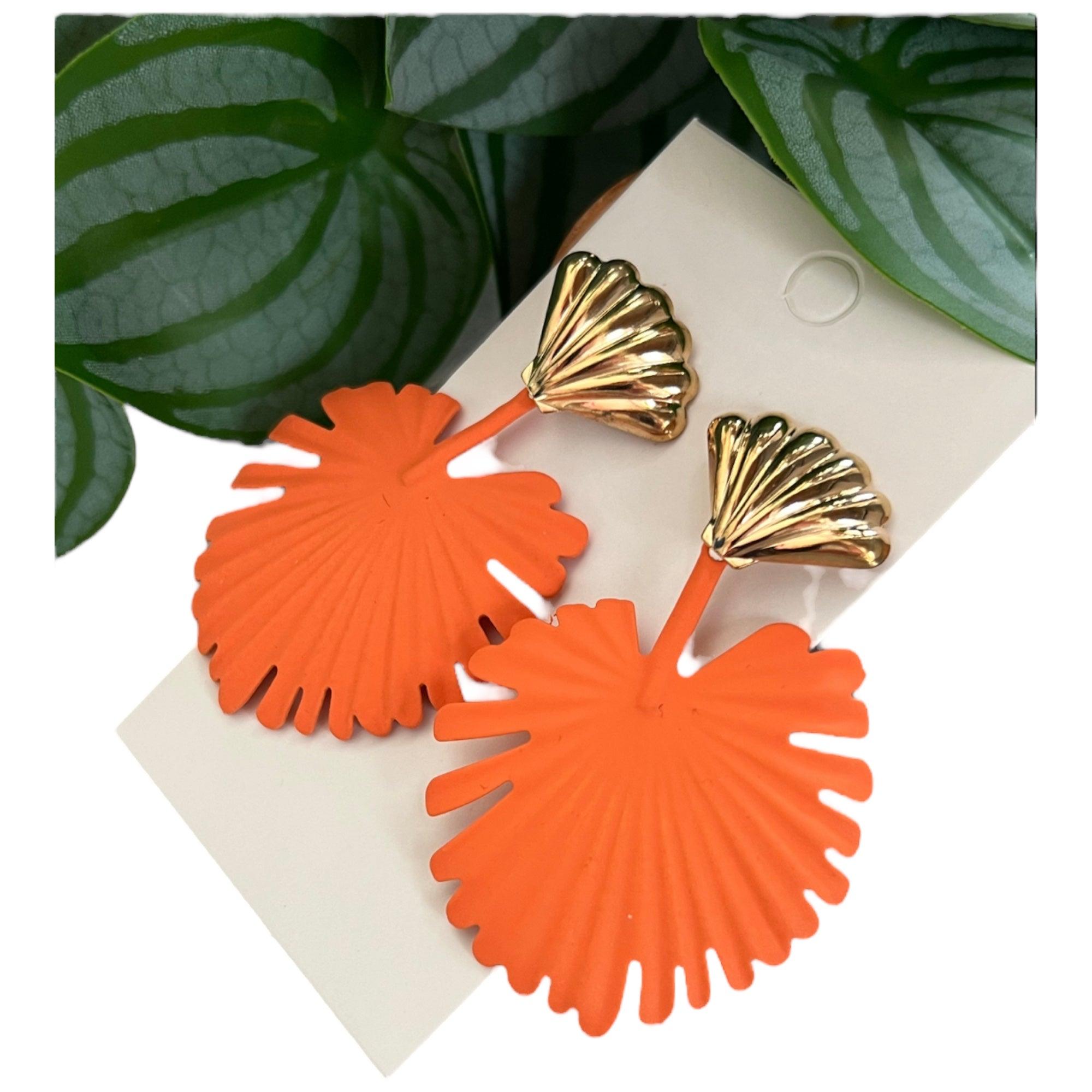 Boucles d’oreilles PHILOMENE feuilles tropicales oranges - Créations Uniques