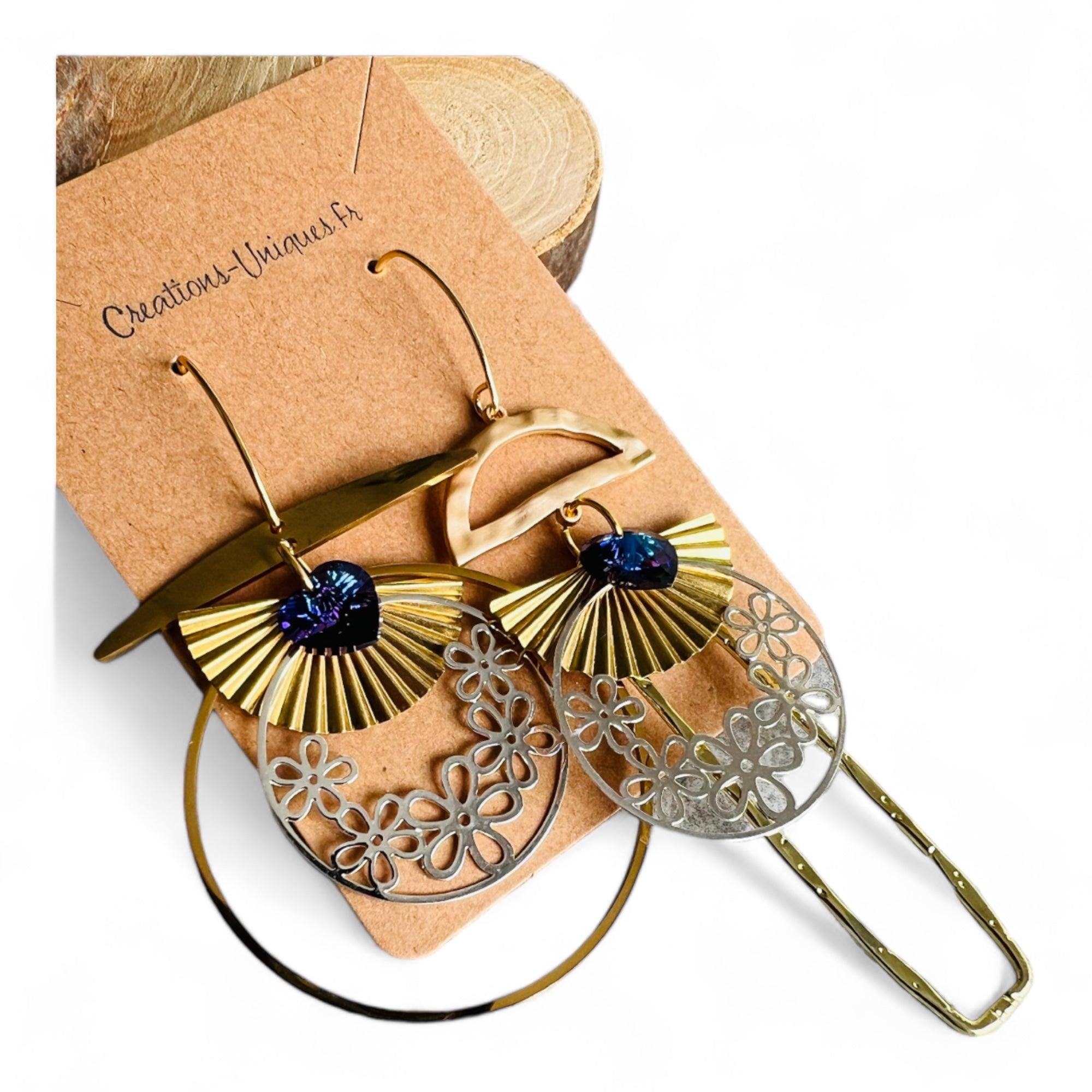 Boucles d’oreilles asymétriques ANNIE ronds et rectangles dorés - Créations Uniques - Créations Uniques