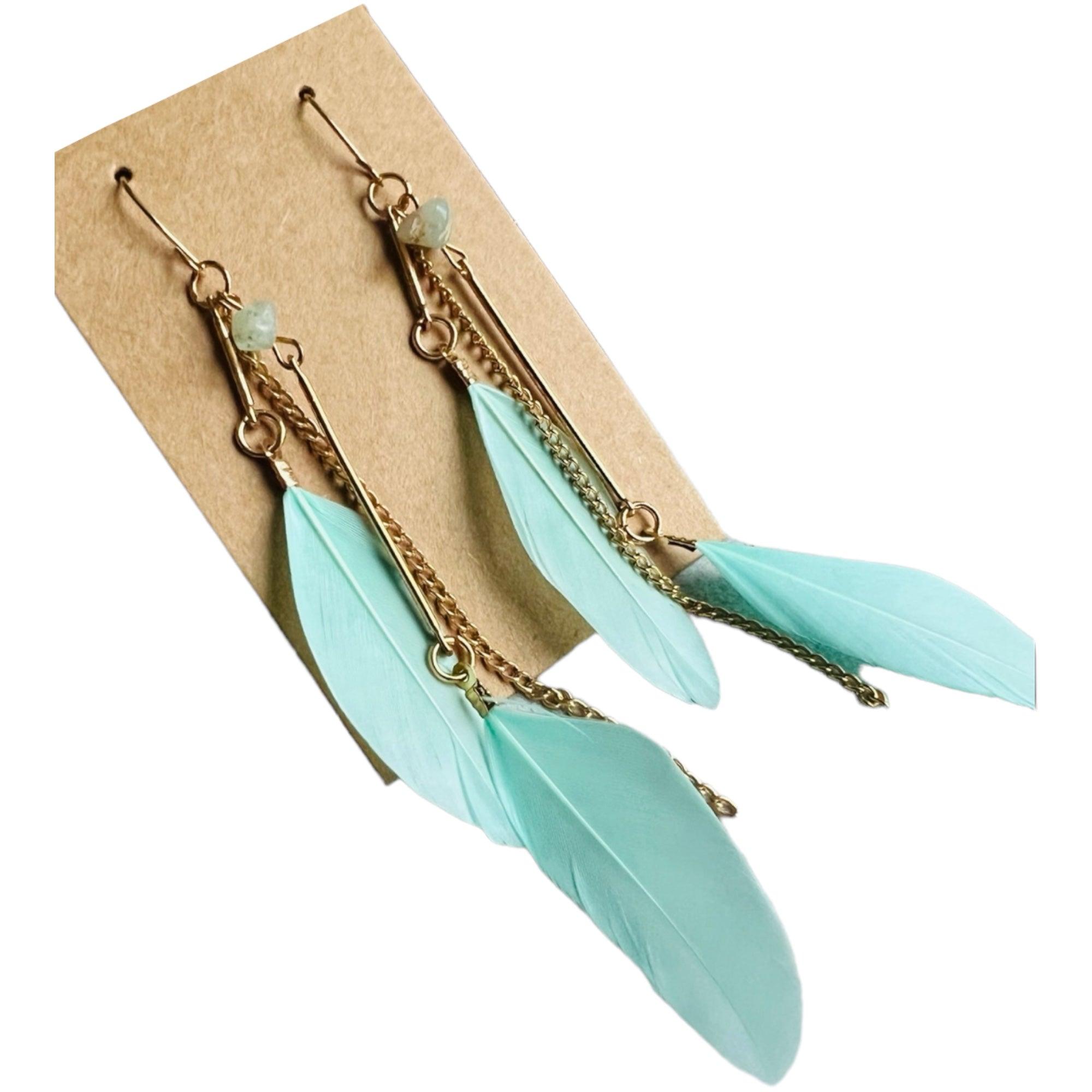 Boucles d’oreilles ANAÏS longues plumes vert pastel - Créations Uniques - Créations Uniques