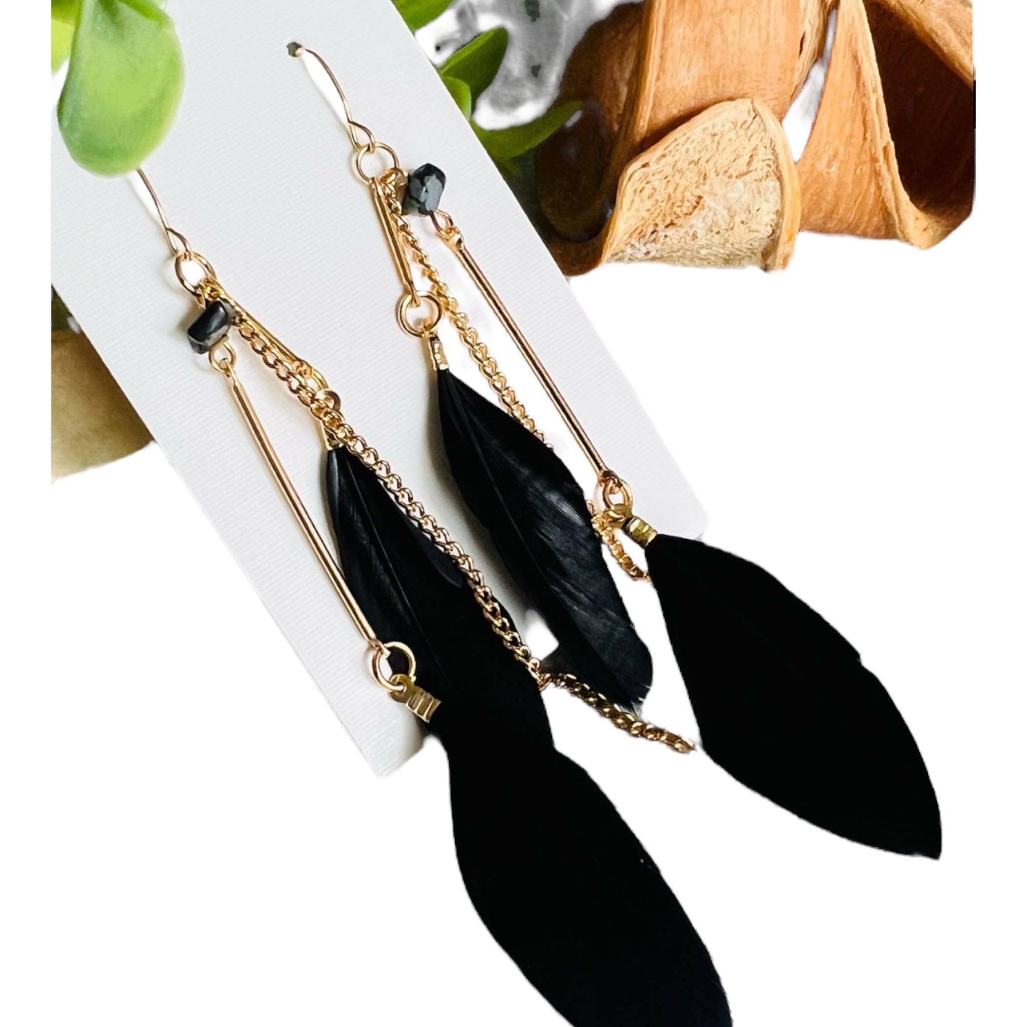 Boucles d’oreilles ANAÏS longues plumes noires - Créations Uniques - Créations Uniques