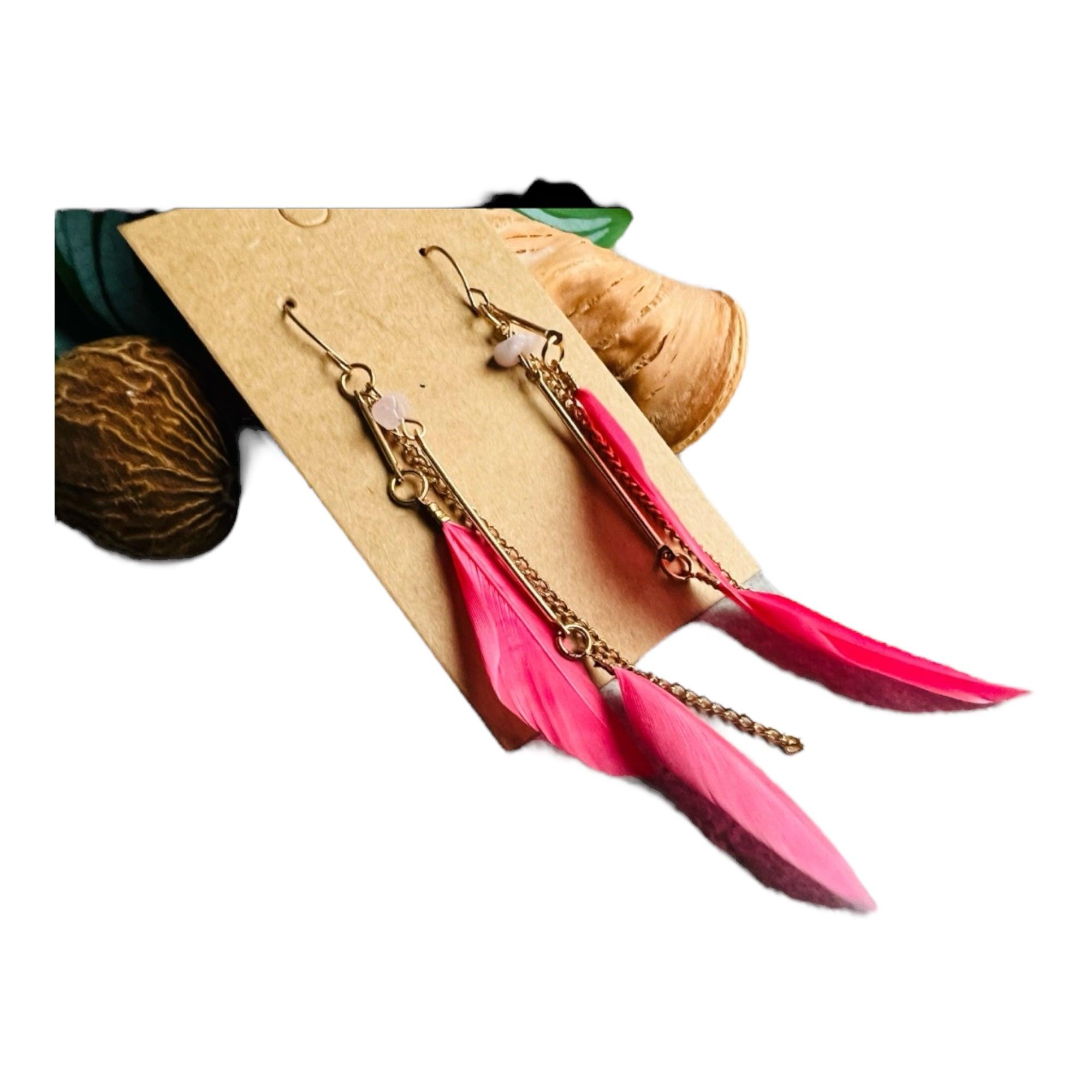 Boucles d’oreilles ANAÏS longues plumes roses - Créations Uniques - Créations Uniques