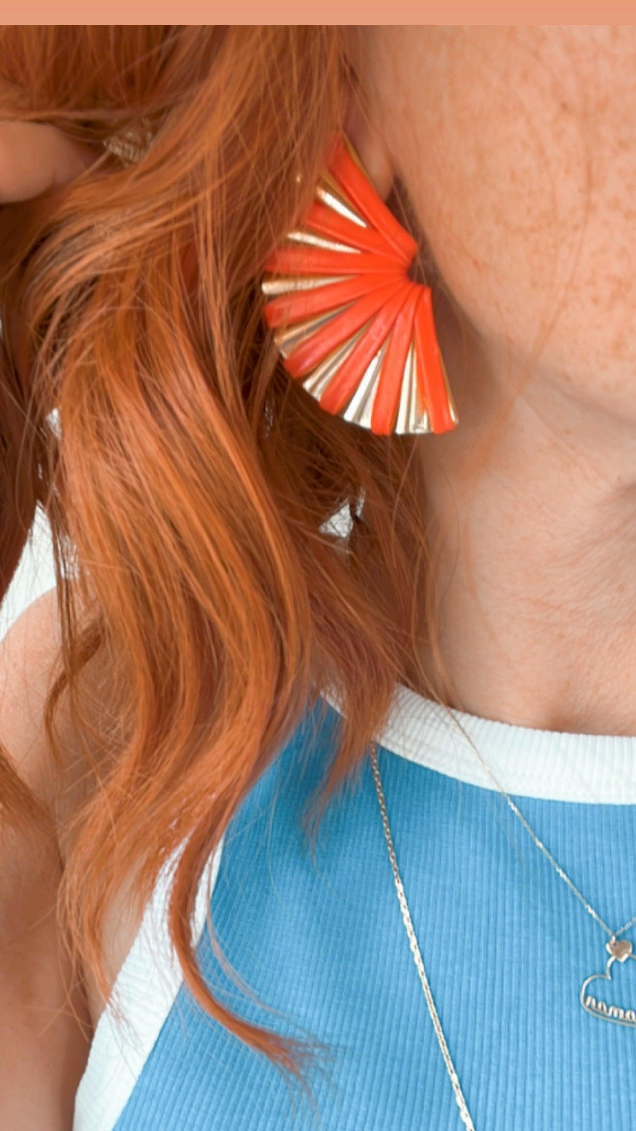 Boucles d’oreilles PENELOPE éventail orange et doré - Créations Uniques