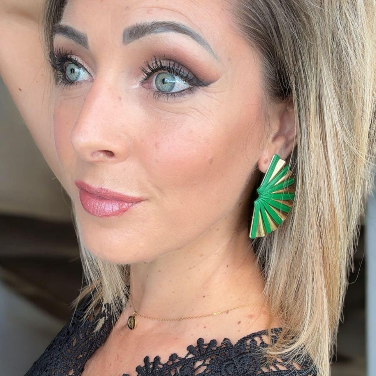Boucles d’oreilles PENELOPE éventail vert et doré - Créations Uniques