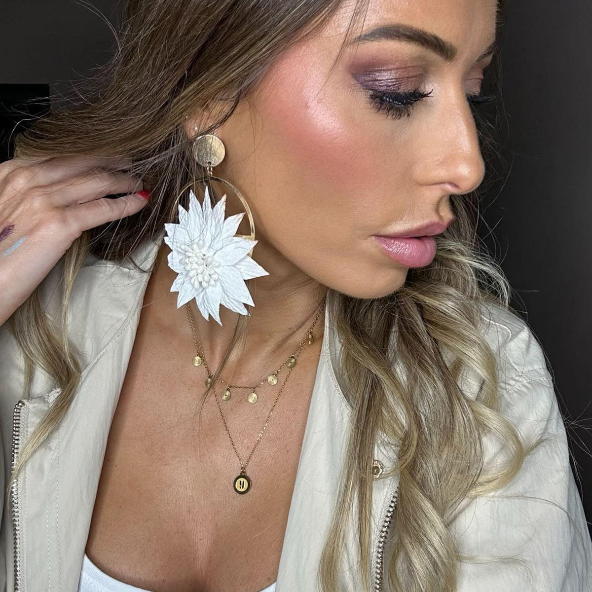 Boucles d’oreilles JEMMA grand modèle fleurs blanches tissu - Créations Uniques