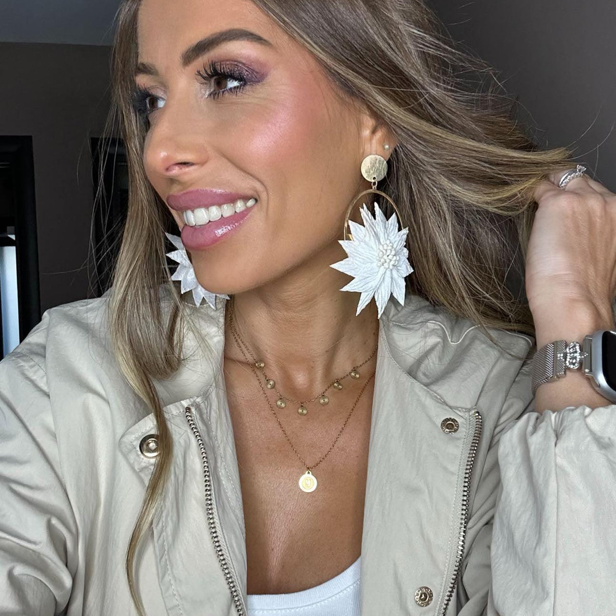 Boucles d’oreilles JEMMA grand modèle fleurs blanches tissu - Créations Uniques