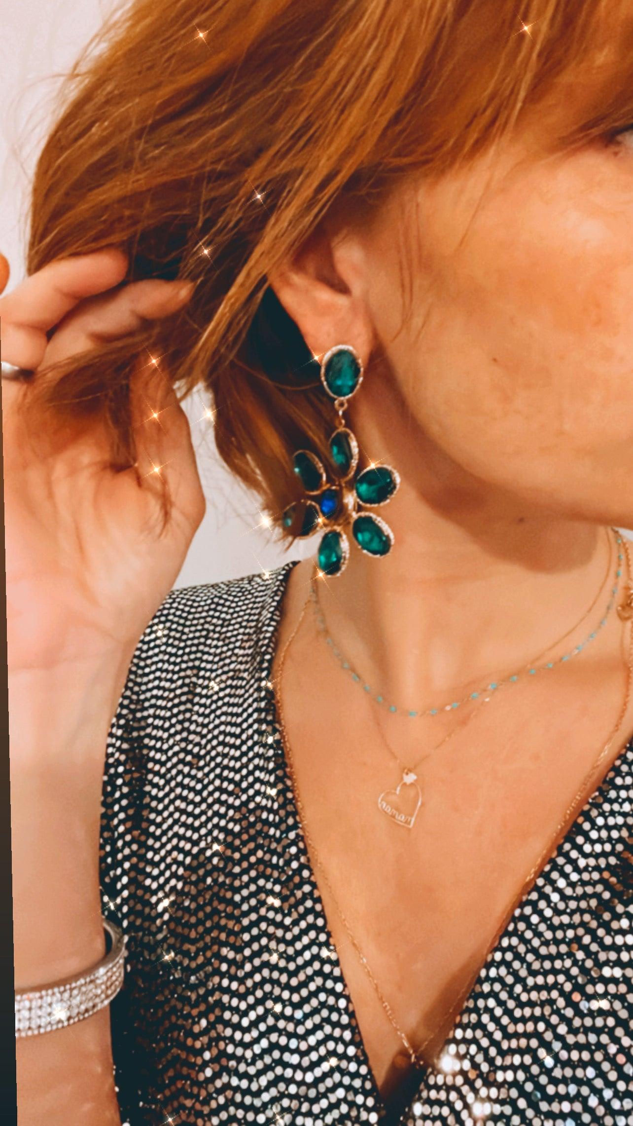 Boucles d’oreilles MAEVA grandes fleurs brillantes vert émeraude - Créations Uniques